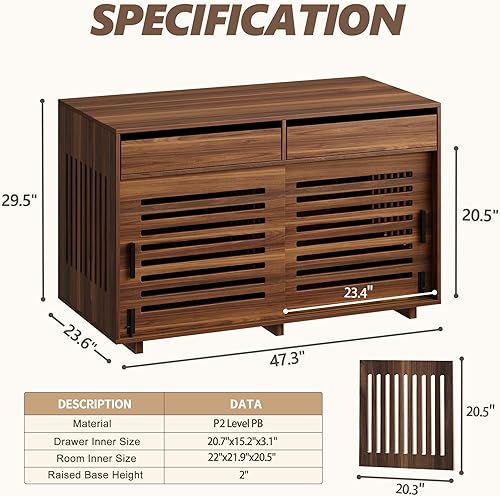 Miniatura 2 de Muebles de jaula para perros, jaula de madera de 47.3 pulgadas con 2 cajones y divisor, jaula resistente para perros medianos o 2 perros pequeños en