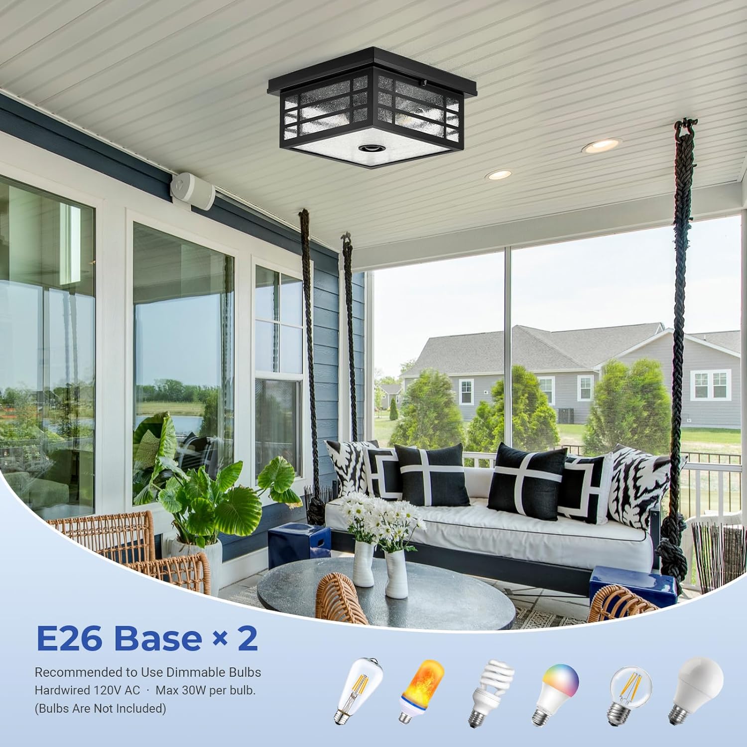 Motion Sensor Outdoor Ceiling Light with Remote Control, Black Modern Front Porch Lighting with Seed Glass, Outside Flush Mount Lights for Garage, Entryway, Square, Distance and Time Adjustable
