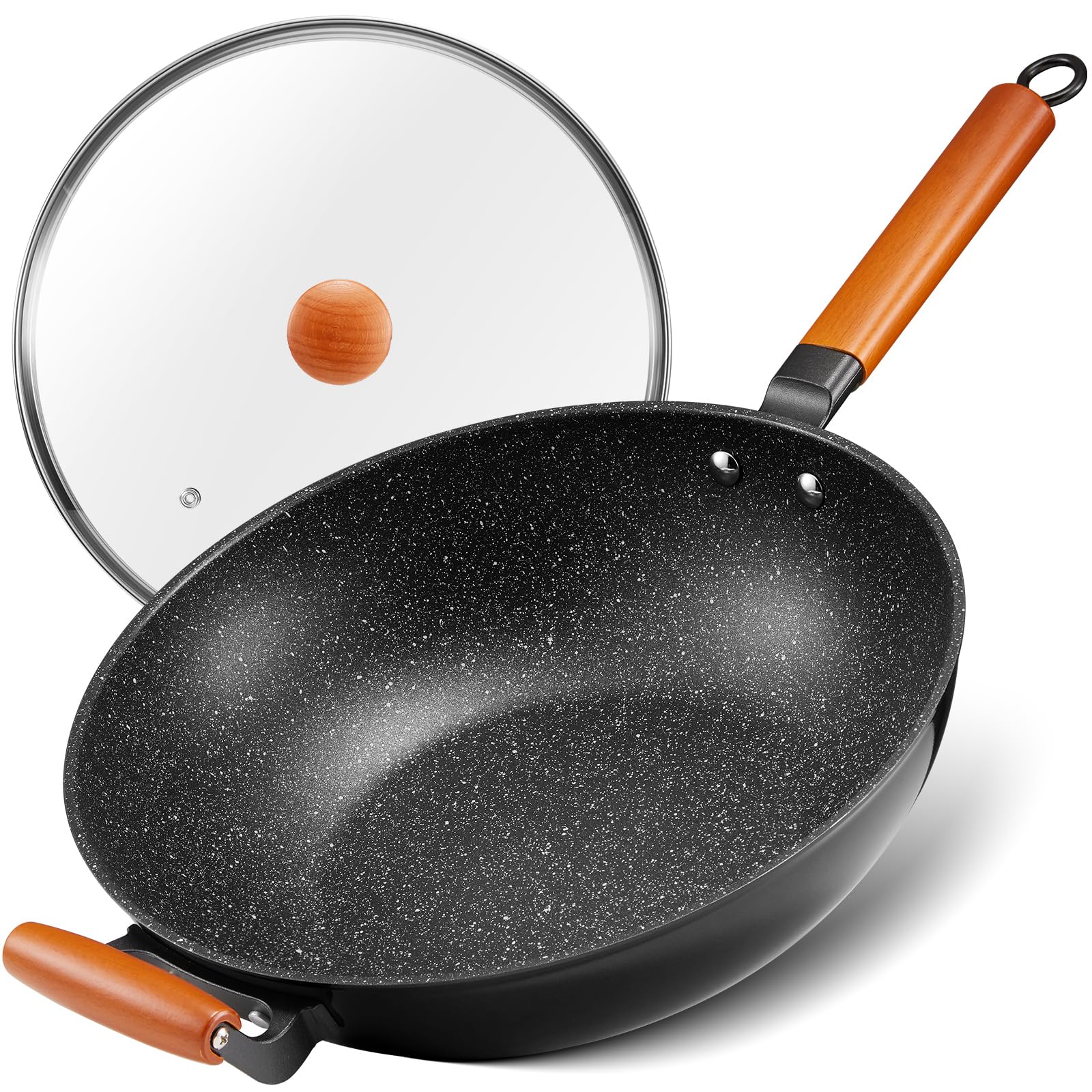 BEZIA Wok antiaderente a induzione, padella wok antiaderente da 32 cm con coperchio, wok con fondo piatto, manico in legno rimovibile, compatibile con tutti i fornelli