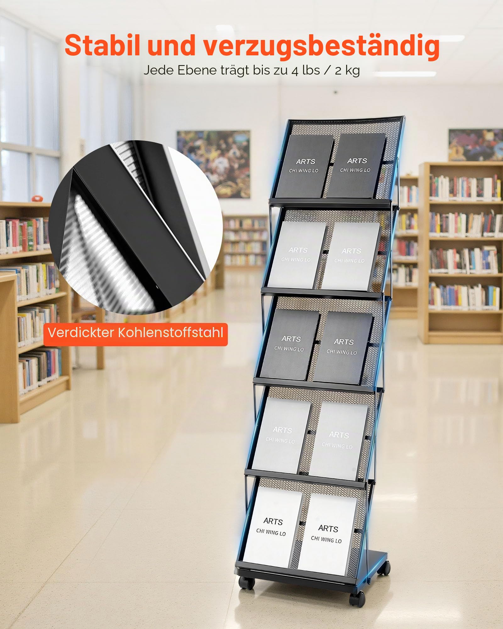 VEVOR faltbarer Prospektständer Zeitschriftenständer mit 5 Taschen, rollbarer Literaturständer Kataloghalter Schrägsteller, Buchständer Bodenaufsteller für Messe, Büroshows, Ausstellung