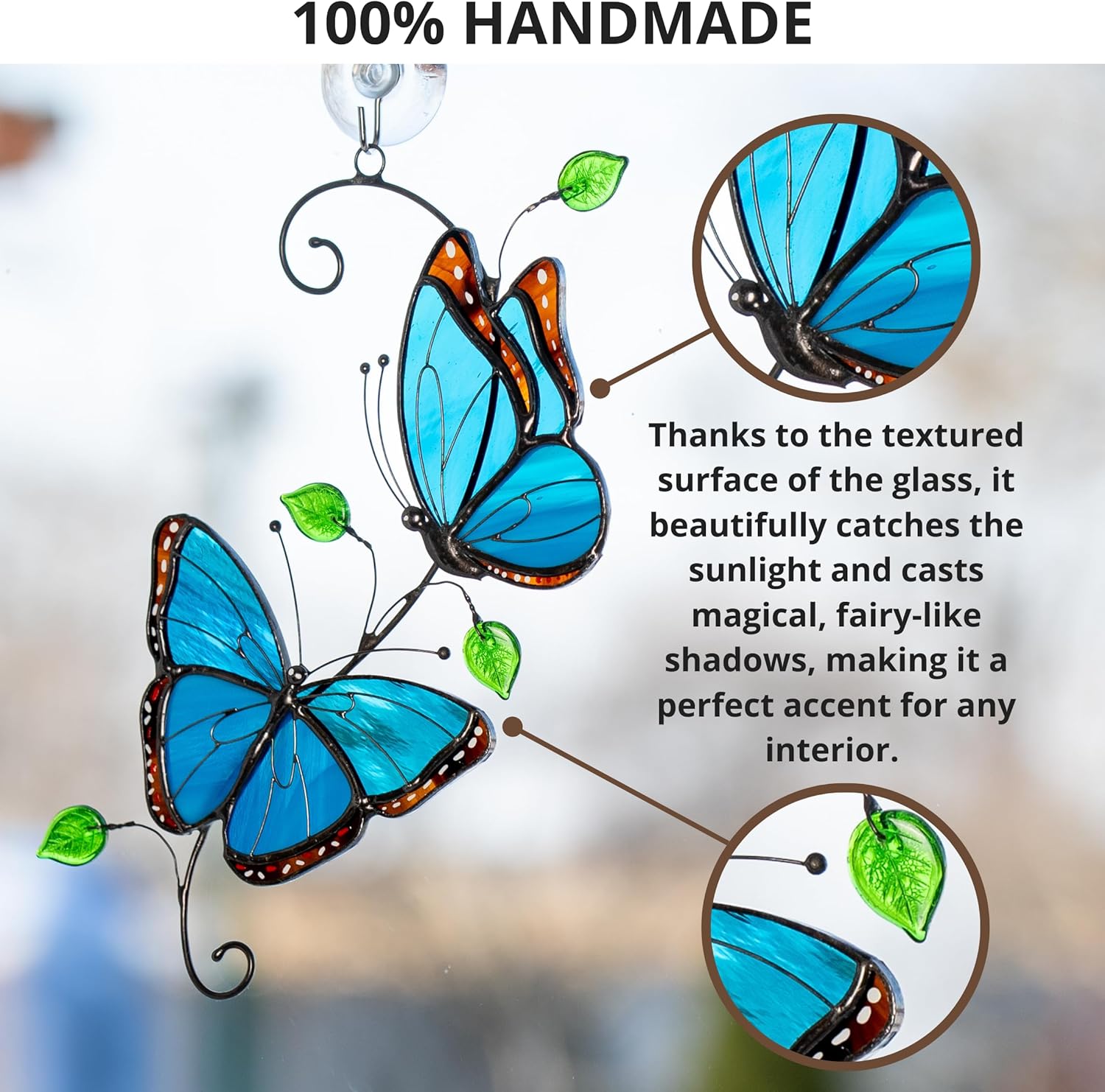 Glass Art Stories Handmade Morpho Butterfly Pair – Stained Glass Suncatcher with Blue Butterflies for Home Décor, Ideal Gift for Nature Lovers