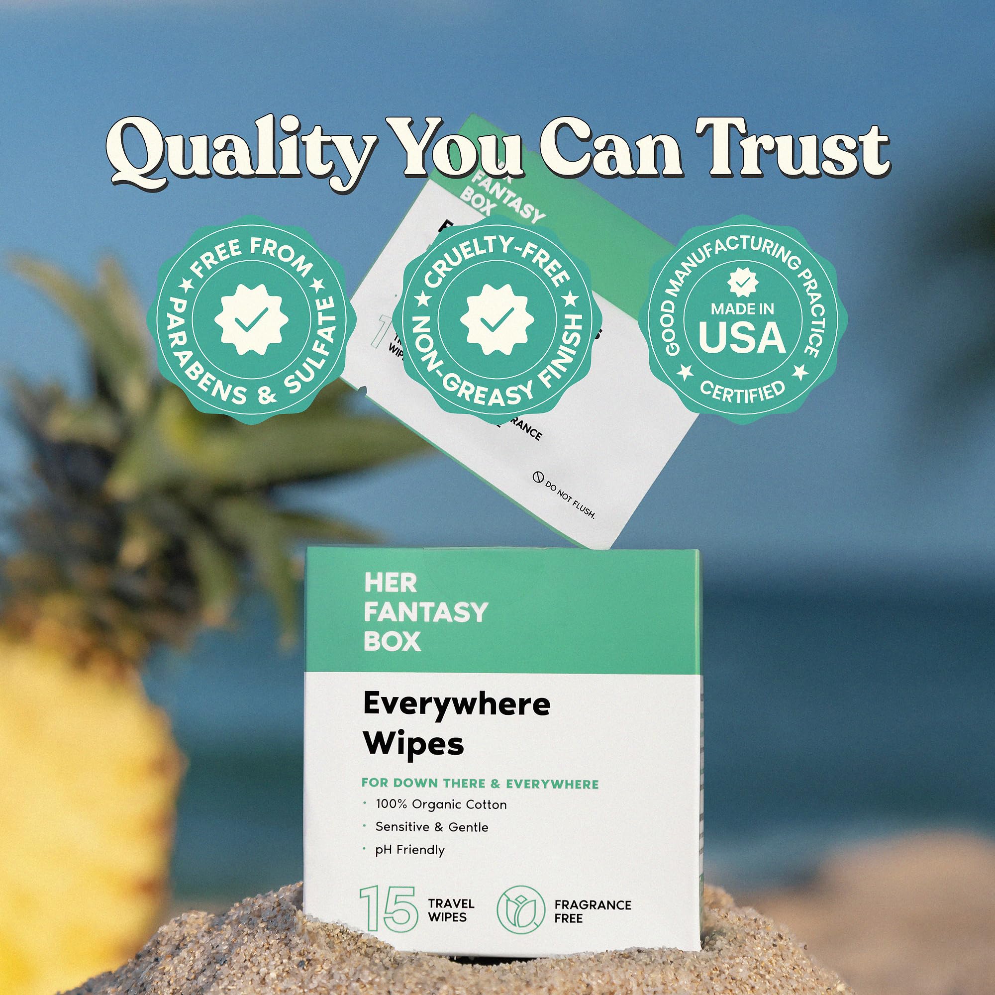 Her Fantasy Box | Everywhere Wipes – 100% Organic Cotton, Gentle & Refreshing, pH-Balanced, Fragrance-Free, Plant-Powered for Body, Face & Intimate Areas, Ideal for Sensitive Skin - 1 Pack, 15 Wipes