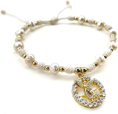 Miniatura 2 de St Michael Archangel Pendant Medal on Adjustable Ivory Cord and Freshwater Pearls Wrist Adjustable Bracelet (Ivory)