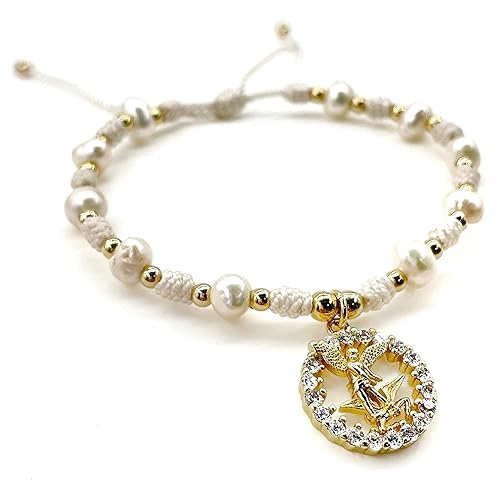 Miniatura 2 de St Michael Archangel Pendant Medal on Adjustable Ivory Cord and Freshwater Pearls Wrist Adjustable Bracelet (Ivory)