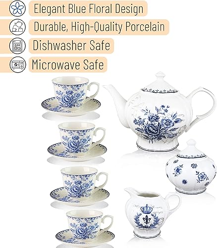 Miniatura 3 de BTT- Juego de té Blue Dream, tazas de té (8 onzas), tetera (48 onzas), juego de crema y azúcar, caja de regalo, juego de té de China, servicio de