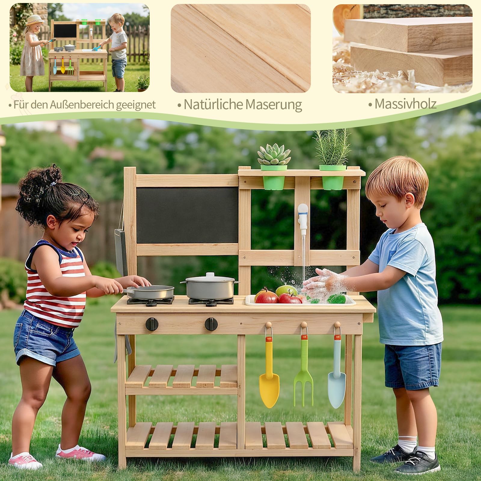 LEADZM Spielküche Gartenspielküche Matschküche Kinder Outdoor mit Spüle, Blumentopf, Wasserhahn, Kinderküche mit Herd und Tafel, geeignet für Kinder ab 6 Jahren, Naturholzfarbe