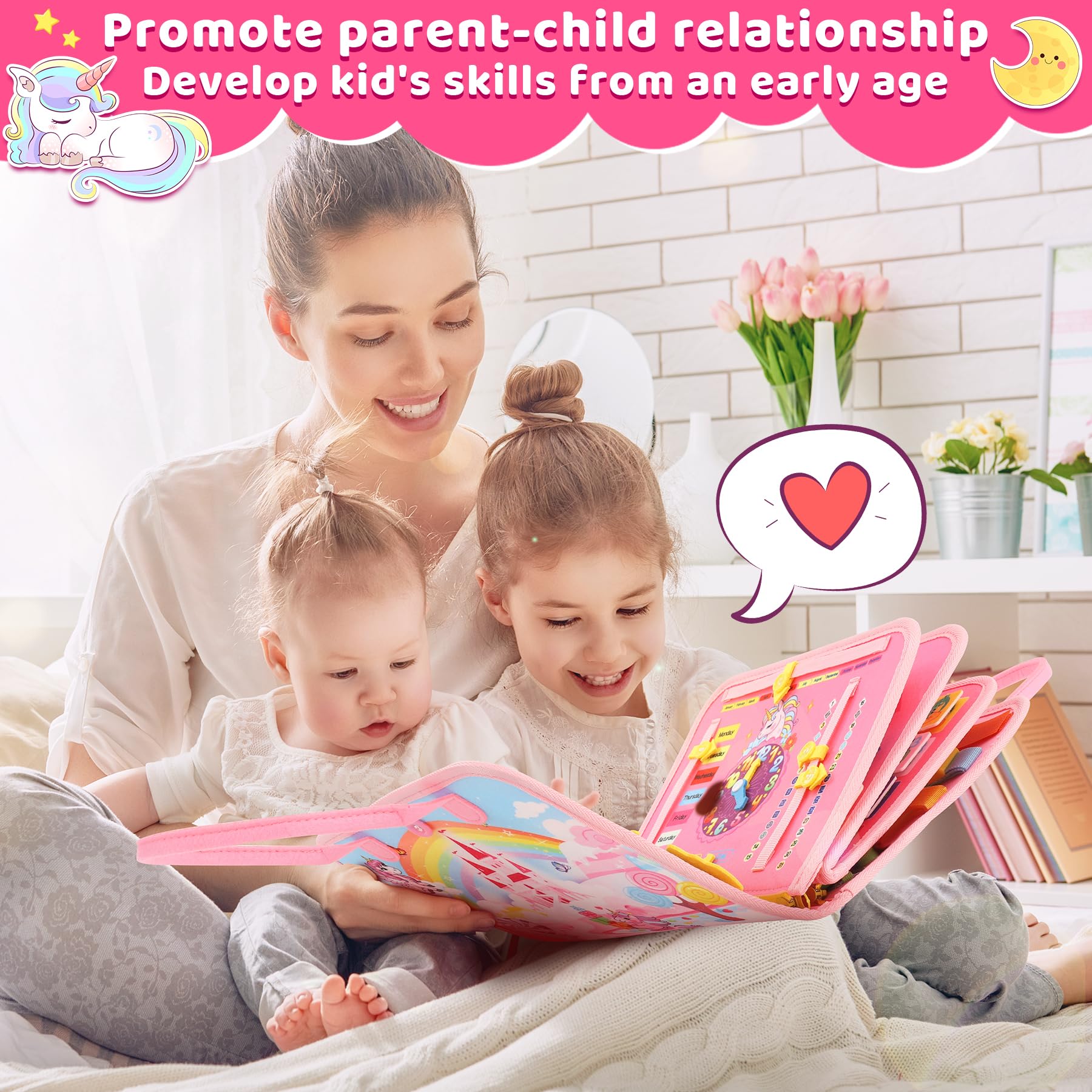 Gontence Busy Board per Bambini | Giochi Montessori per 2 3 4 5 Anni Tavola Sensoriali per Giocattoli attività Giocattolo Educativo per Apprendere Le Abilità di Base della Vita Unicorno, Rosa