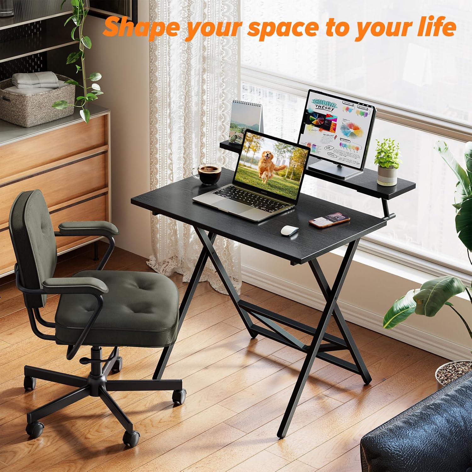 WOHOMO Folding Computer Desk with Adjustable Height, 23.6" x 31.5" x 25.6" Foldable Table with Monitor Stand, Small Office Desk for Bedroom, Space Saving Desk for Home Office, Easy Assemble, Black