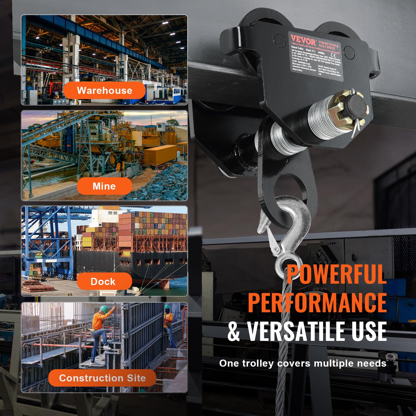 VEVOR Laufkatze 1Tonnen Tragfähigkeit Hallenkran 63,5-177,8mm Einstellbare Breite Kran 55x220x240mm Rollfahrwerk Doppelrad-Design Handfahrwerk für I- und H-Trägern Hallenkran Ladekran