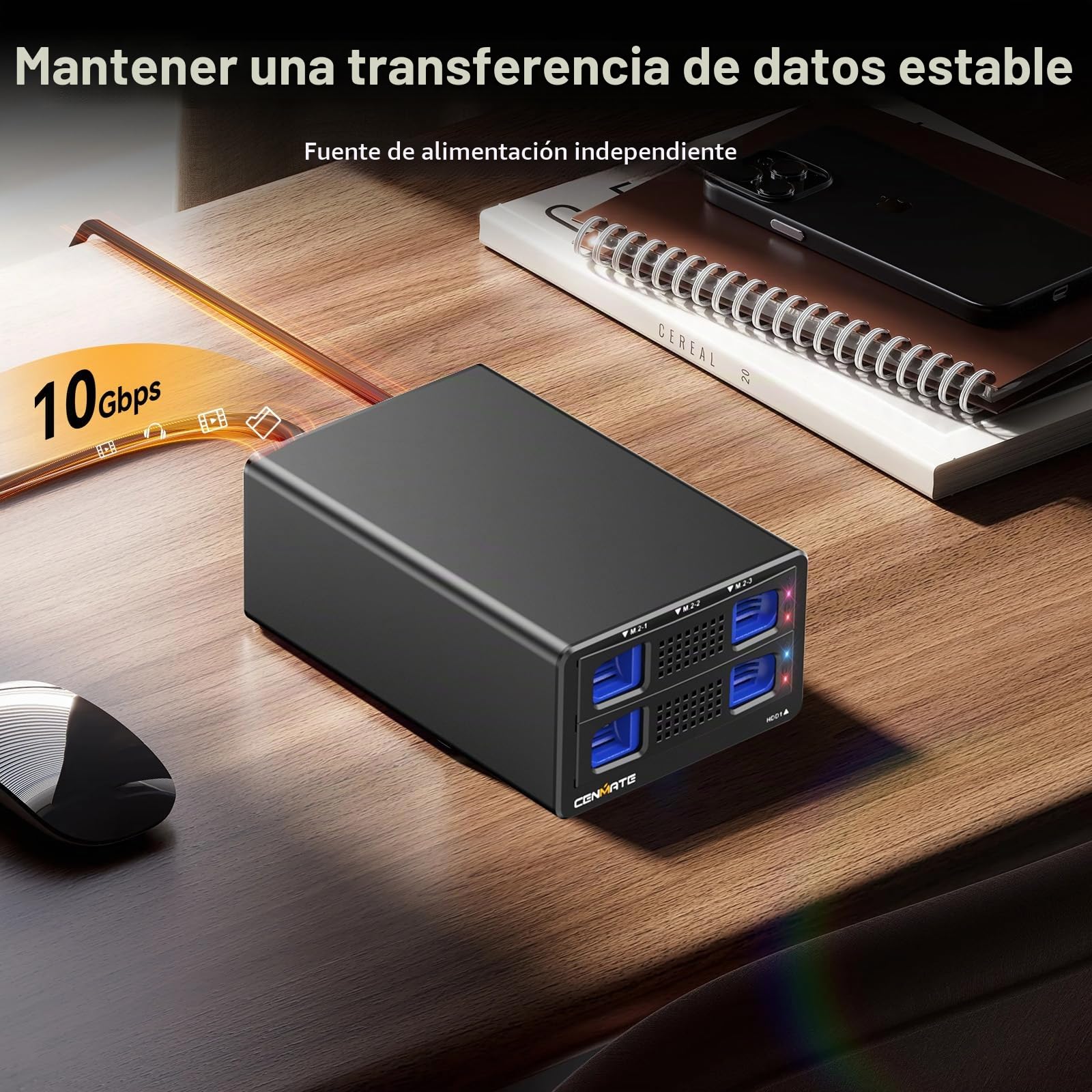 Carcasa NVMe Híbrida 3.5 HDD+3*M.2 con Ventilador para 2.5/3.5" SATA HDD/SSD, Carcasa Disco Duro USB3.2 Gen2 10Gbps Soporta 2230/42/60/80/110 SSD con 46TB de Capacidad(22TB HDD+3*8TB M.2 SSD)