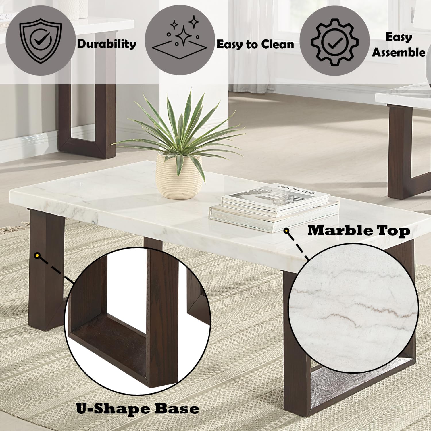 Edwyn White Marble Top Coffee Table Set - Rectangular, Modern Design.