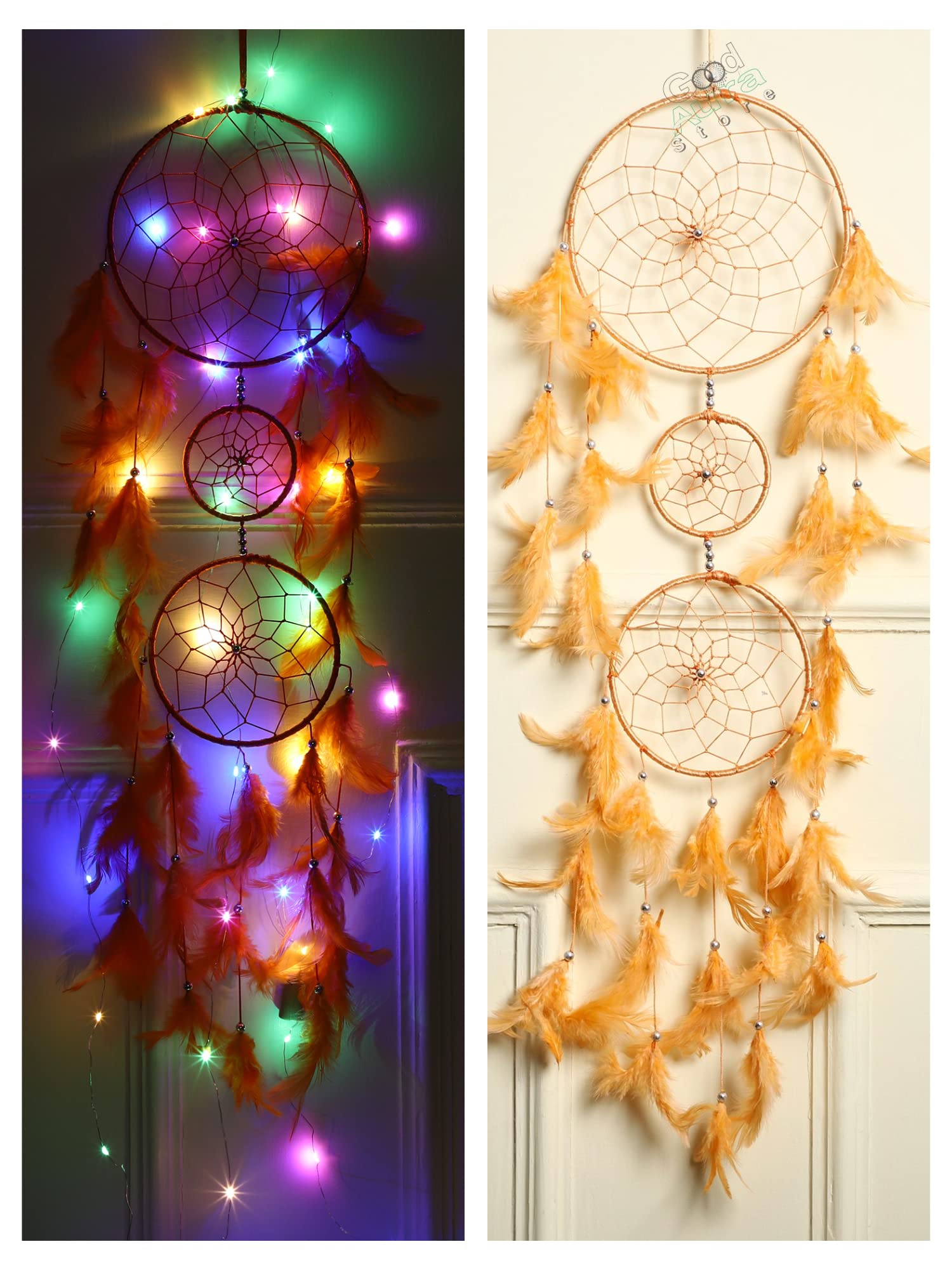 Good Aura Store Dream Catchers with Light Home Decor, Feather Wall Hangings for Kids Room, Bedroom, Livingroom, Balcony, Cafe Decorations, Gift Items (Pack of 1, 18L X 85Hcm, Light Orange)-image-35