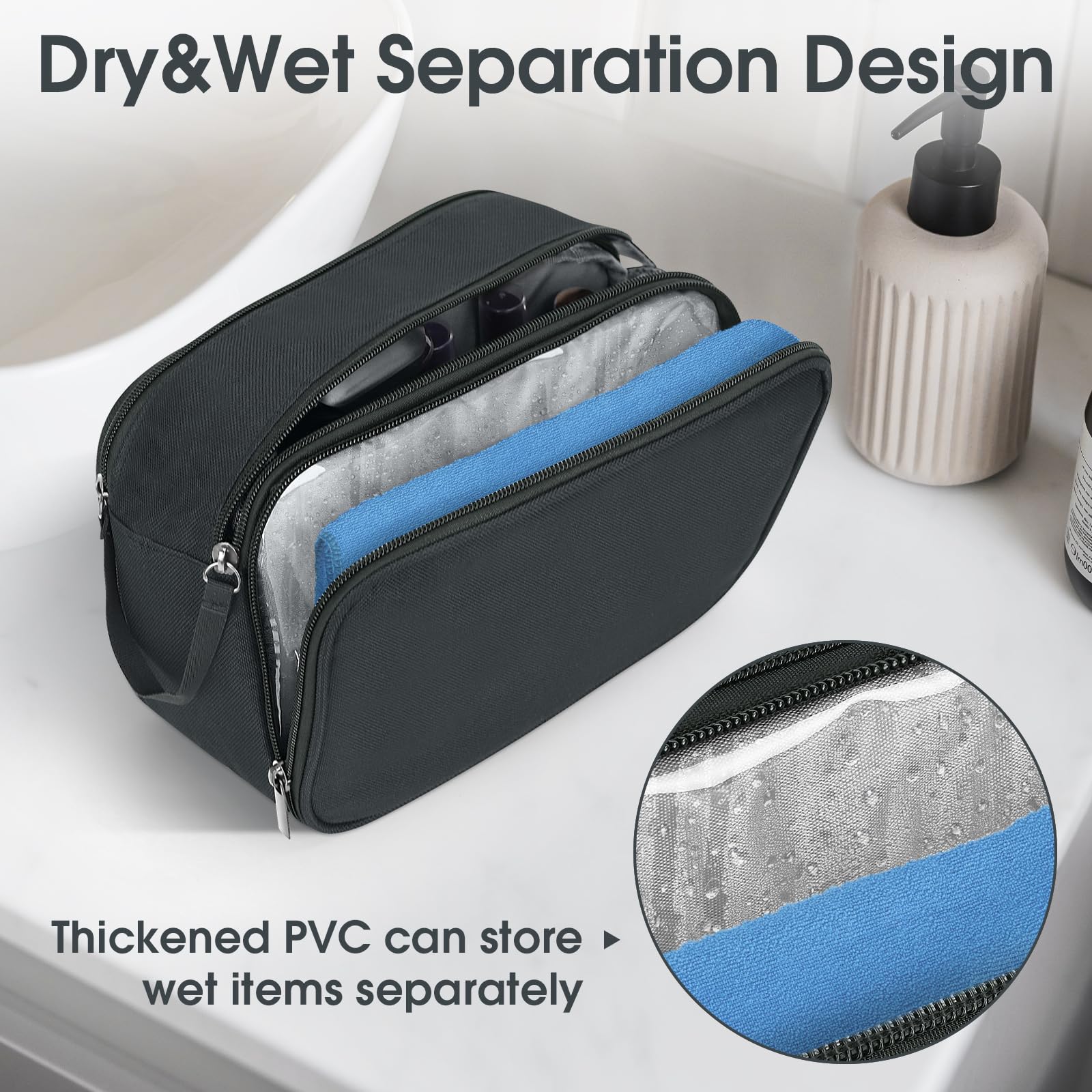 Wedama Neceser para hombre, bolsa de aseo de viaje de mano, bolsa de viaje impermeable para artículos de tocador, kit de viaje de poliéster grueso, bolsa de artículos de tocador para viajes, viajes de