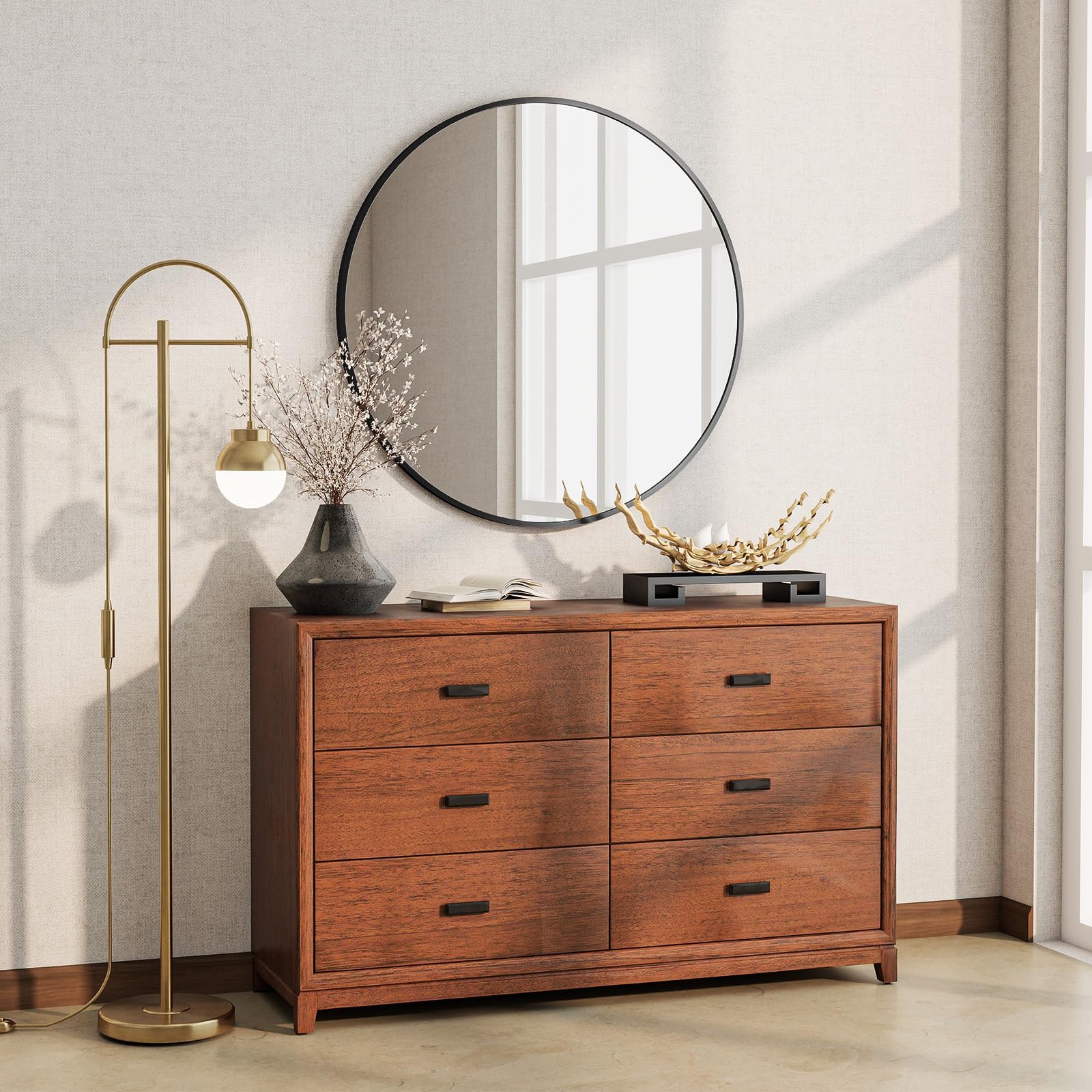 BEAUTYPEAK 60 cm Runder Spiegel in Schwarz, Rund Dekorativer Wandspiegel mit Aluminiumrahmen, Bruchsicherer Badezimmer Spiegel zum Aufhängen und Anlehnen, Wandspiegel für Schlafzimmer, Bad, Wohnzimmer
