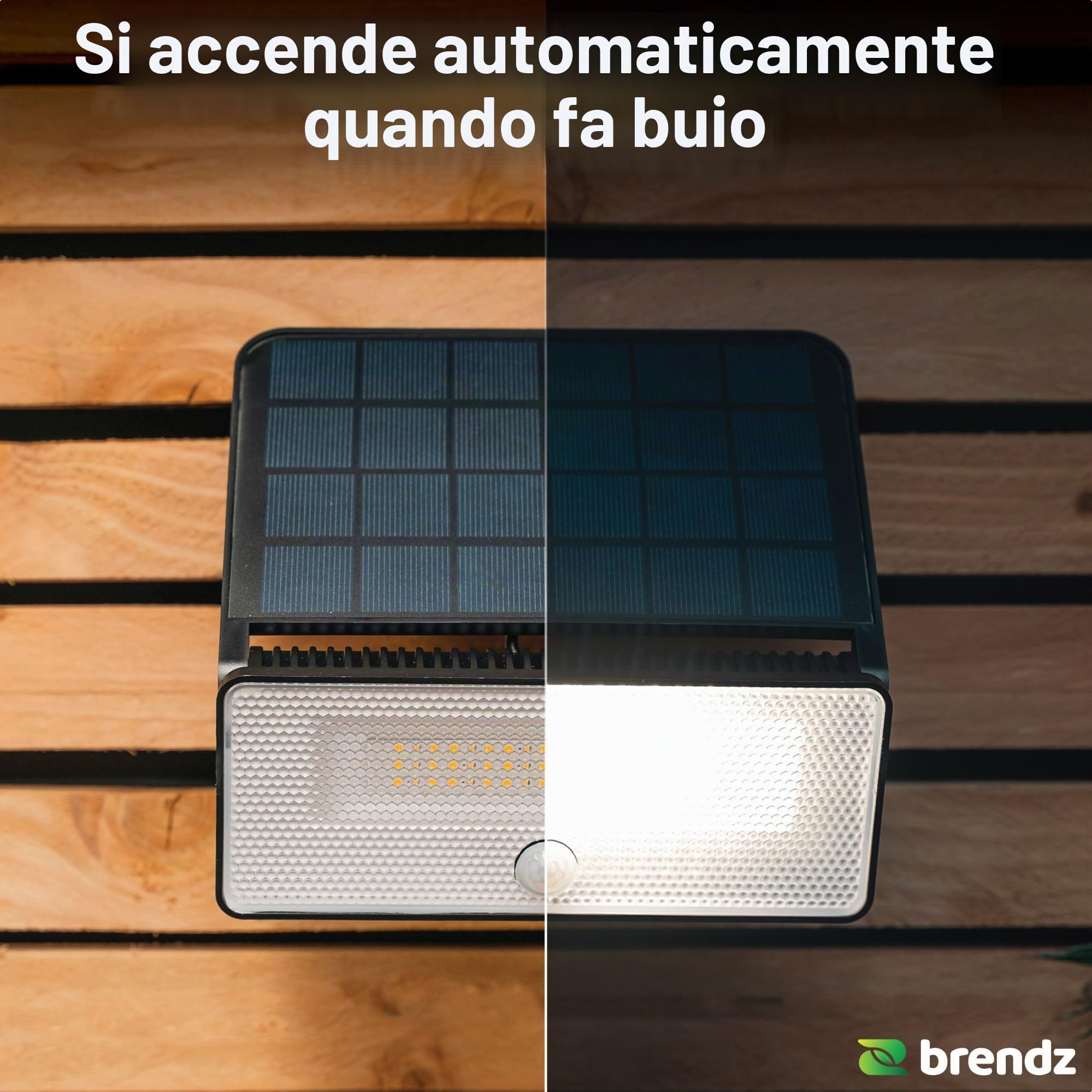 Brendz Paso Lampada da Esterno Solare con Rilevatore di Movimento, 1600 lumen, IP54 Impermeabile, 3 Modalità di Luce, 2 Pezzi, Faretto Solare LED con Rilevatore di Movimento per Esterno, Paso