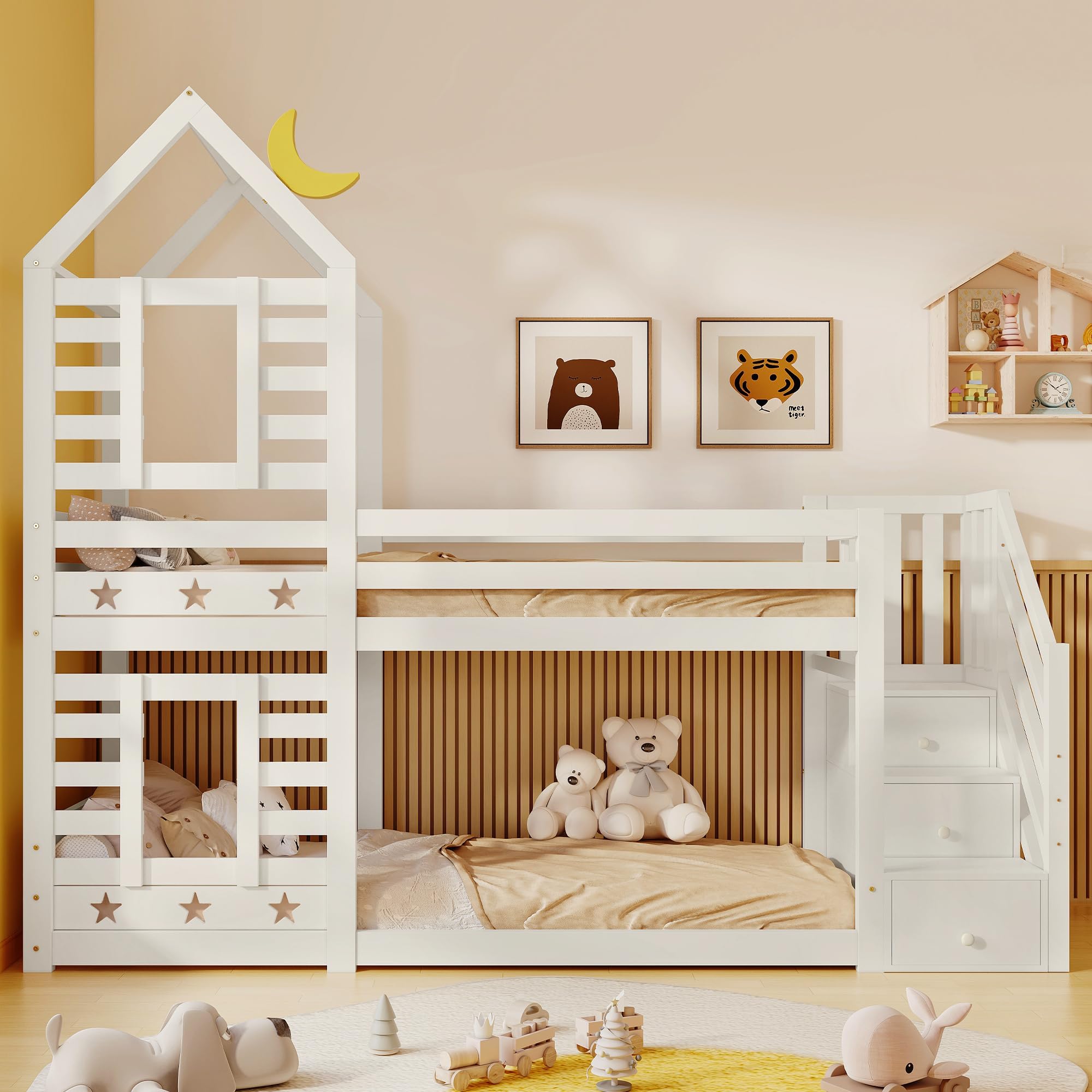 BTM Bunk Bed Storage Children Cabin Bed Single Bed with Window for Kids, Twin Sleeper 190x90 cm, Solid Pine Wood,3FT -White