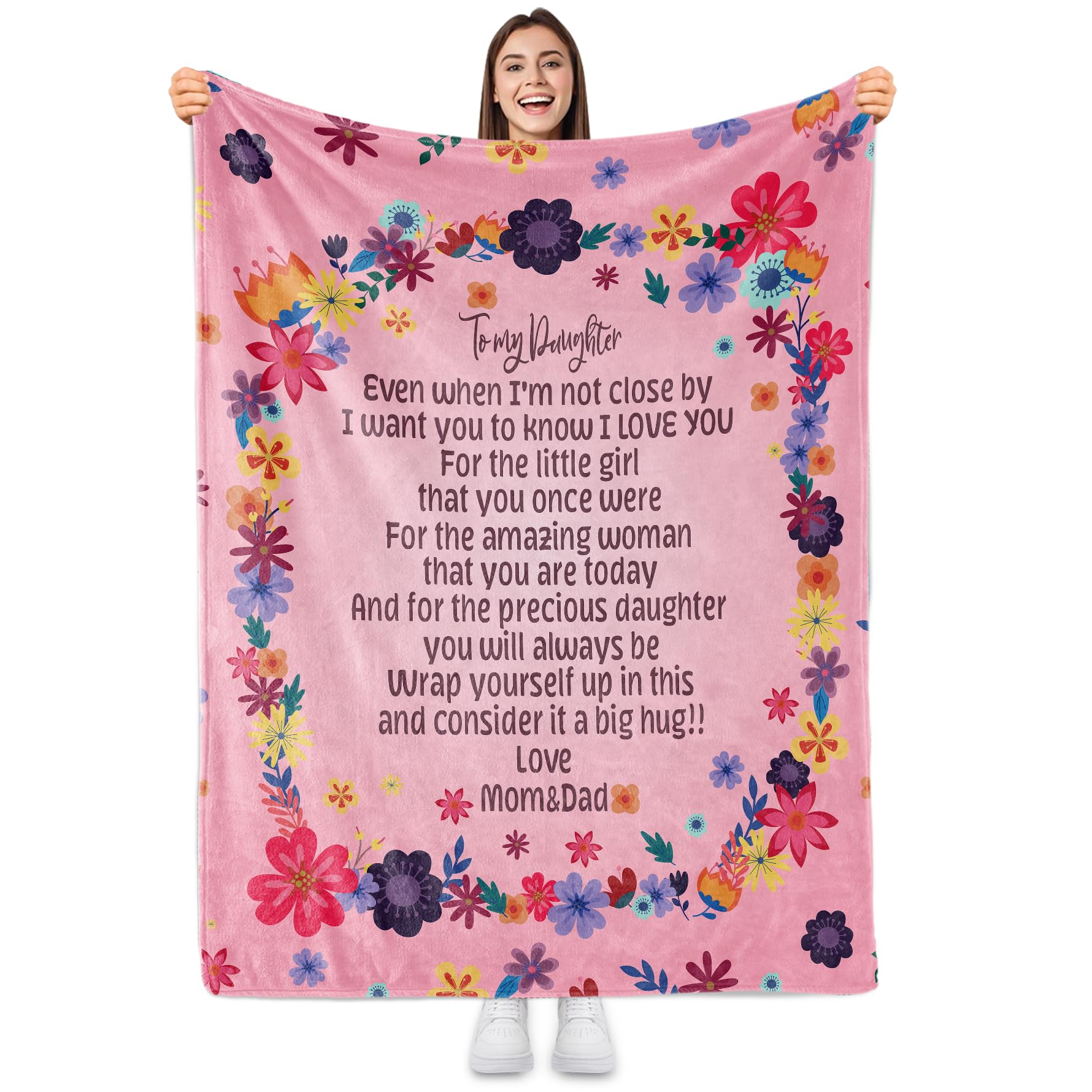 Sowideto My Daughter Blanket, Floral Throw Blanket Gift from Mom&Dad, Soft Lightweight Pink Flannel Blanket with Message of Love, Warm Boho Blanket Birthday for Sofa Nap Bed, 50"x60"