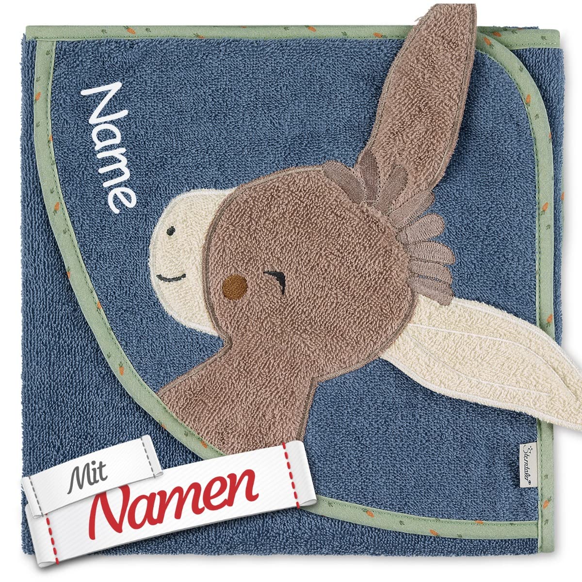Sterntaler Kapuzenhandtuch mit Namen Bestickt für Baby & Kinder, Junge Badetuch Badehandtuch/Kinder-Badetuch mit Kapuze personalisiert, Motiv Esel Emmilius in Blau, 80x80 cm