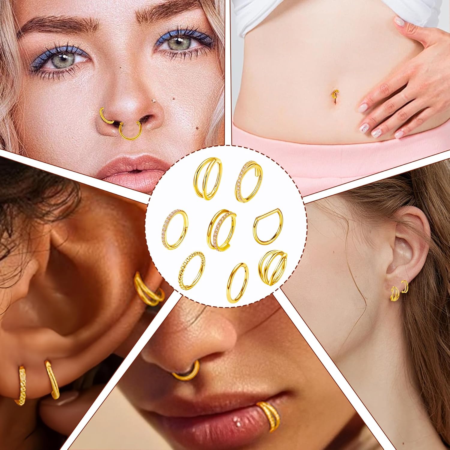 8 Pcs Nose Rings Hoops 316L Surgical Steel Septum Rings CZ Opal Twisted Clicker Nose Rings Hoop Helix Cartilage Daith Tragus Sleeper Earrings Body Piercing for Women Men Silver Gold Hinged Segment Septum jewelry 8mm/10mm - Image 5