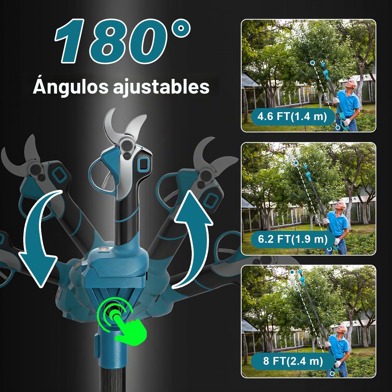 Tijeras de Podar Eléctricas con Palo Telescópico – Hasta 4,2 m de Alcance, motor sin escobillas, Tijeras de Podar Batería con 2 * Baterías y 3 pares de Hoja SK5, para Jardinería, Adecuado Granjas