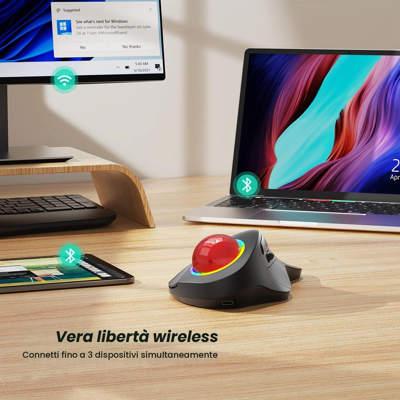 Nulea Mouse Trackball senza fili, mouse ergonomico ricaricabile, tracciamento preciso e fluido, connessione a 3 dispositivi (Bluetooth o USB), compatibile con PC, laptop, Mac, Windows