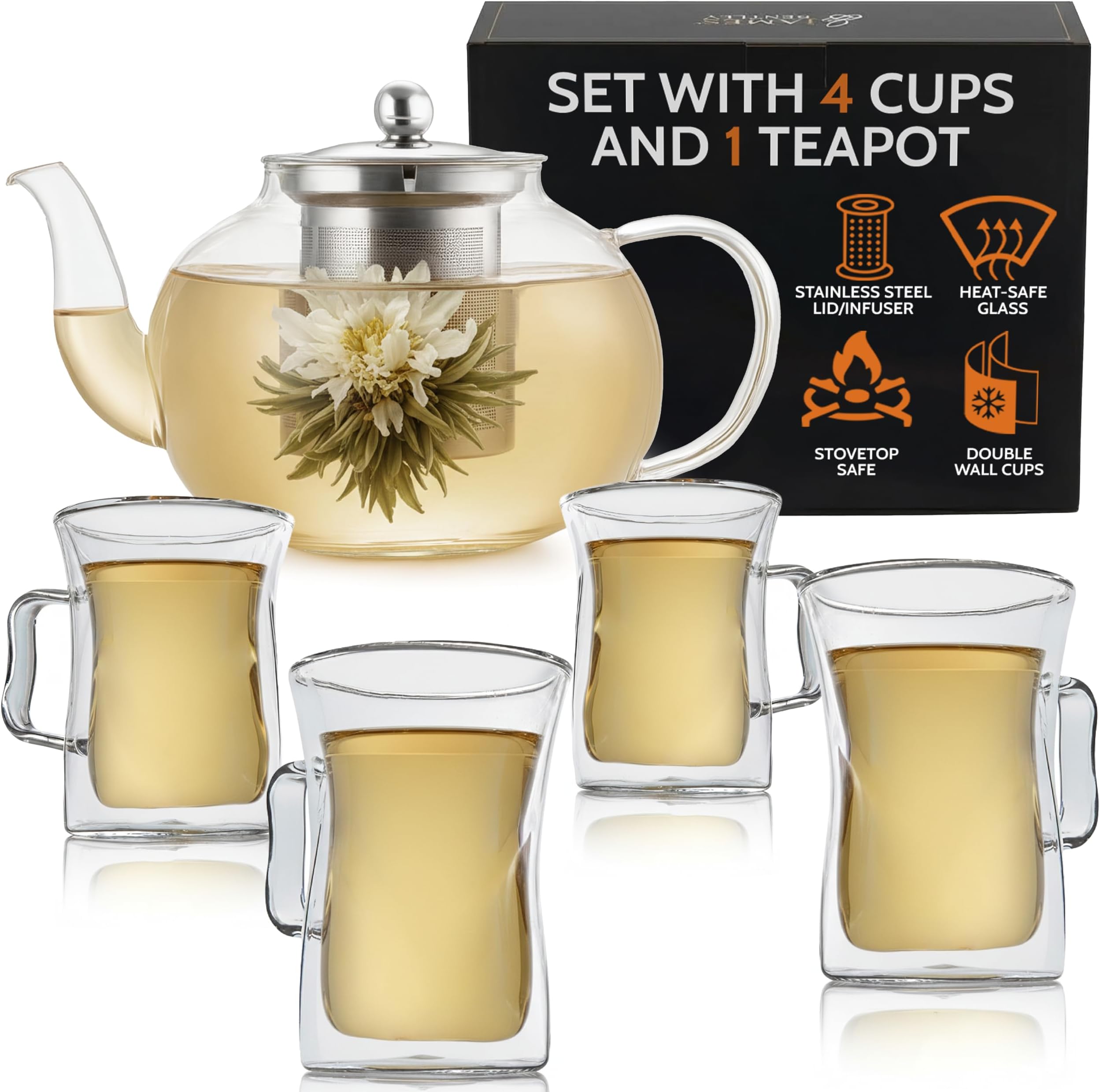 JAMES BENTLEY Adults' Tea Set, Glass Teapot with Infuser, 4 Glass Cups, Borosilicate Glass, 40 Oz, Clear