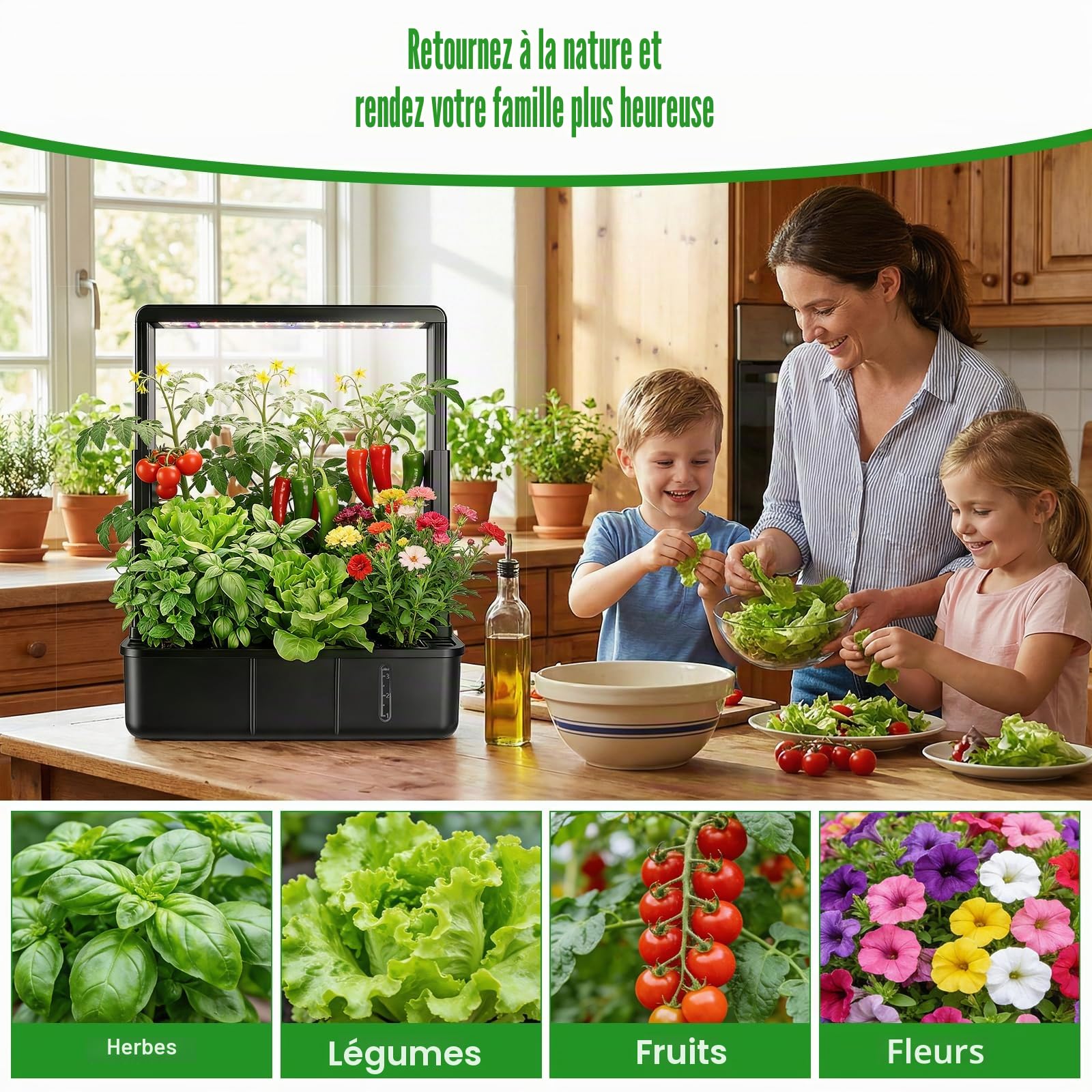 ERWEY Kit de Système de Culture Hydroponique, Potager Interieur 15 Pods, Lampe LED 15 W Plein Spectre Intégrée, Smart Garden Intérieur pour Maison, Cuisine, Hauteur Réglable, Noir