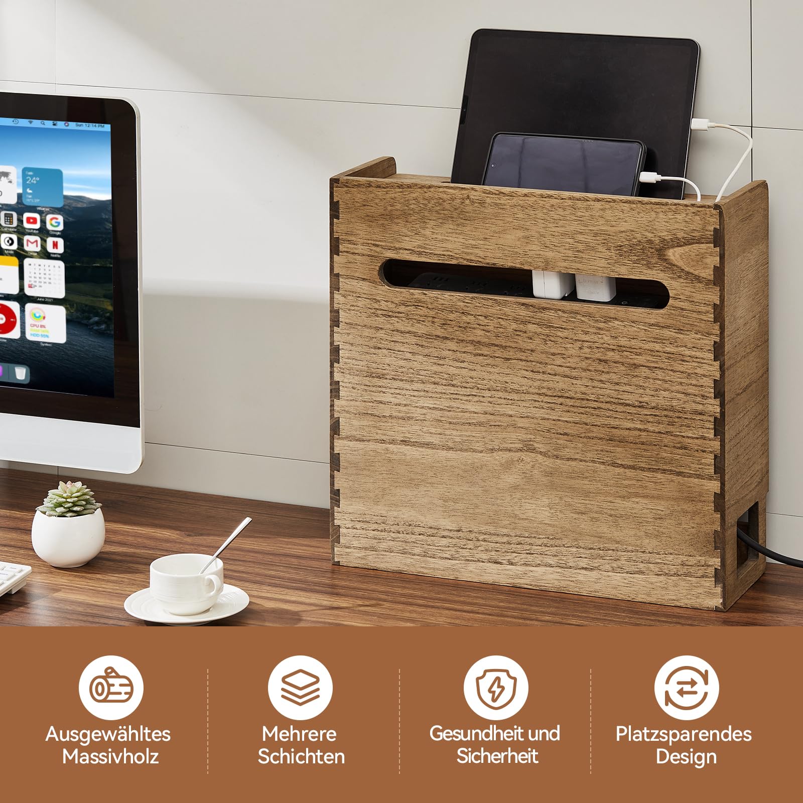 KIRIGEN Routerbox Holz, Kabelmanagement-Box, 3 Ebenen, Dunkelbraun | 41 x 14 x 40 cm, für WLAN-Router, Netzteil, Steckdosenleiste und Kabel, Paulownia-Massivholz, handgefertigt, fertig montiert
