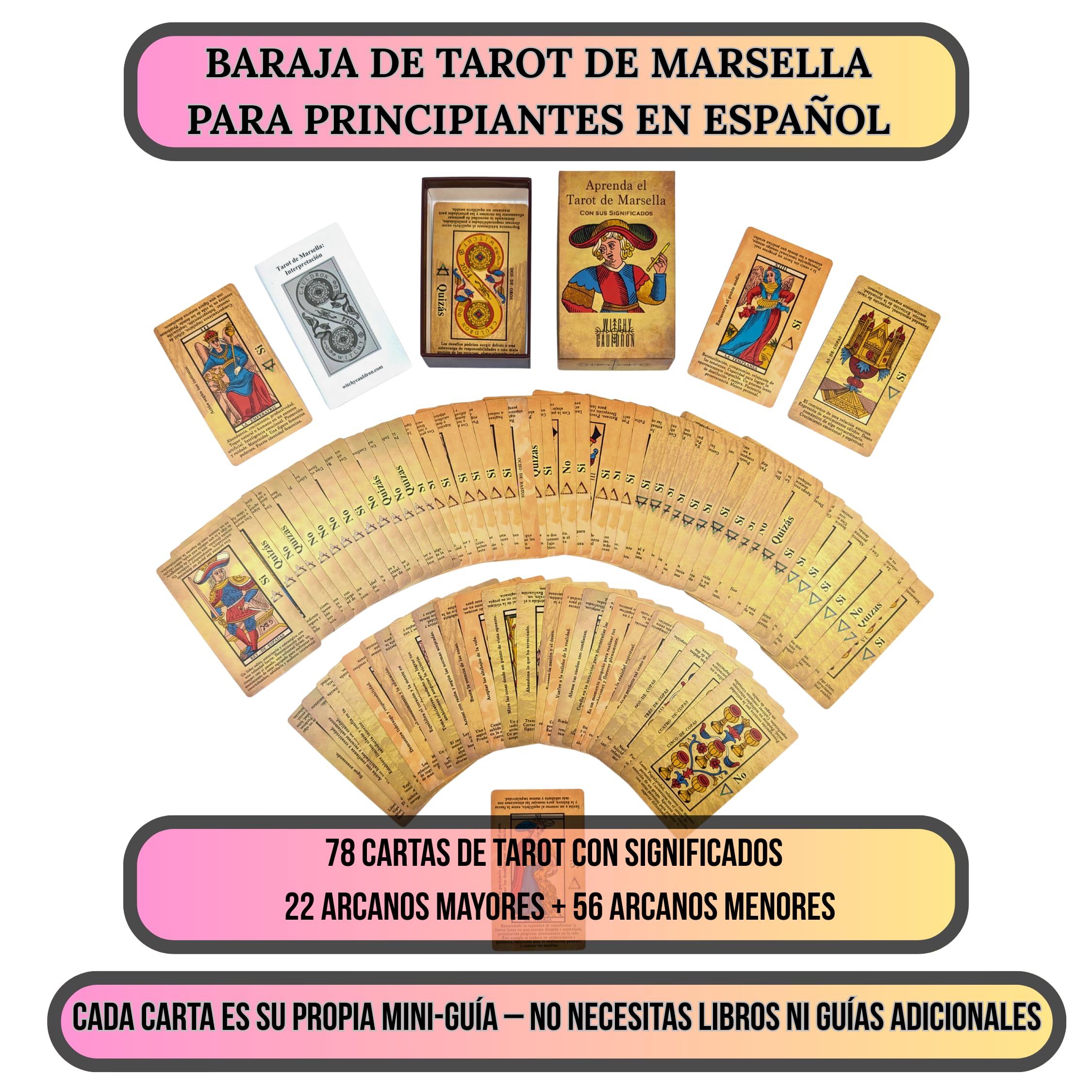 Witchy Cauldron Tarot de Marsella para Principiantes en Español - 78 Cartas con Significados e Interpretación Fácil - Tarot Clásico Divinatorio