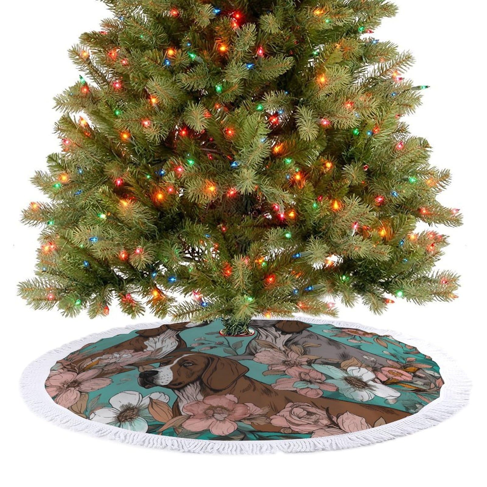Animal Christmas Tree Skirt 36"x36" Rustic Xmas Tree Mat with Tassel Ornament Christmas Trees Cover Skirt Mat for Evergreen Trees Ornament Winter Holiday Mats Decorations