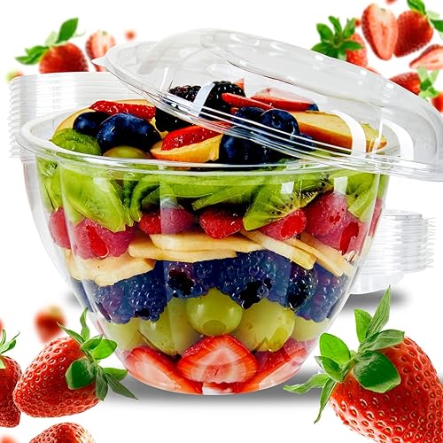 Miniatura 3 de Paquete de 50 recipientes para ensalada desechables con tapas, cuencos de plástico transparente de 48 onzas con tapas para llevar, tazones redondos