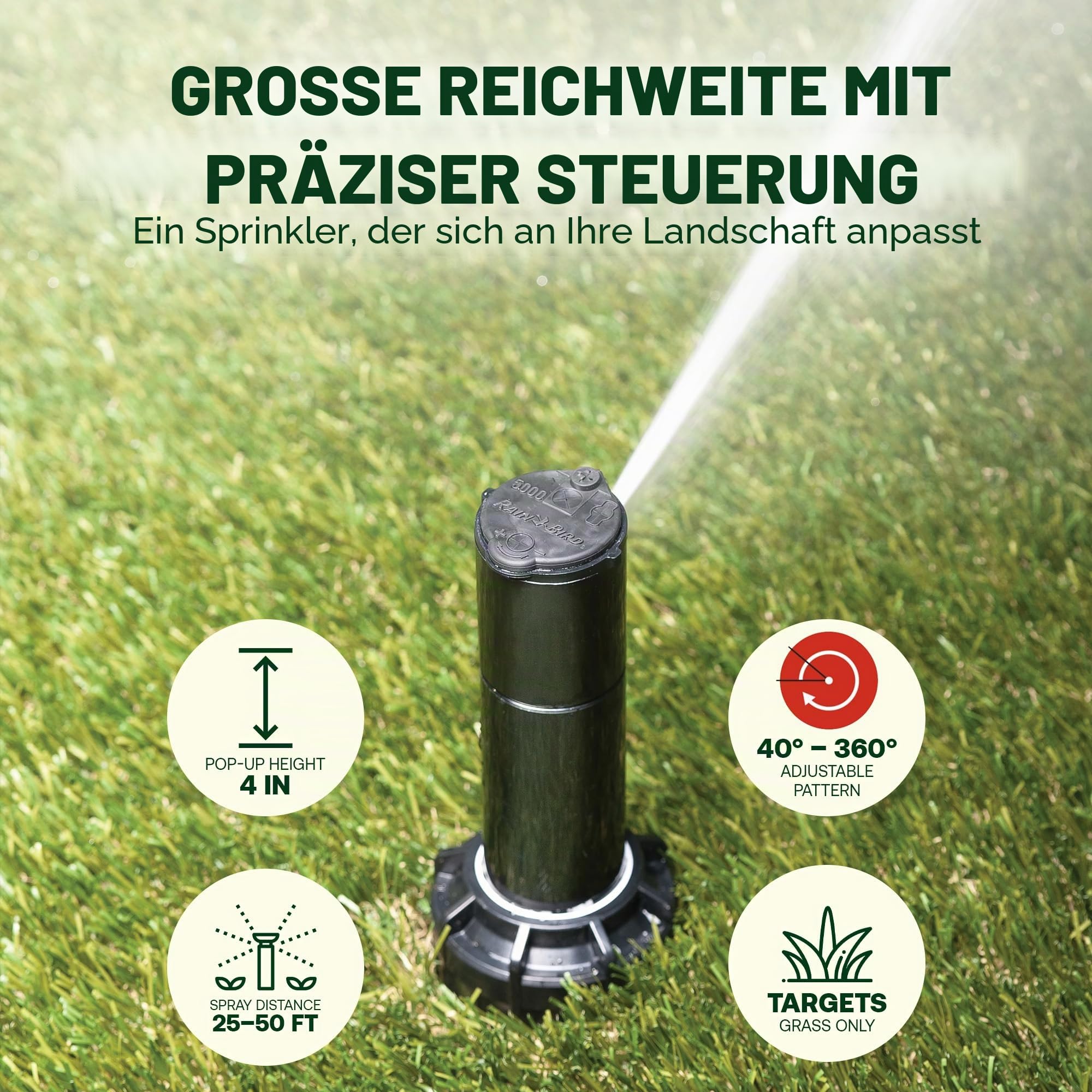 Rain Bird 5000 Serie Rotor-Sprinklerkopf. Modell 5004 PC, verstellbar von 40-360 Grad Teilkreis, 10,2 cm Versenkregner-Bewässerungssystem, 75-150 cm Wassersprühentfernung, 2 Stück (Y54007)