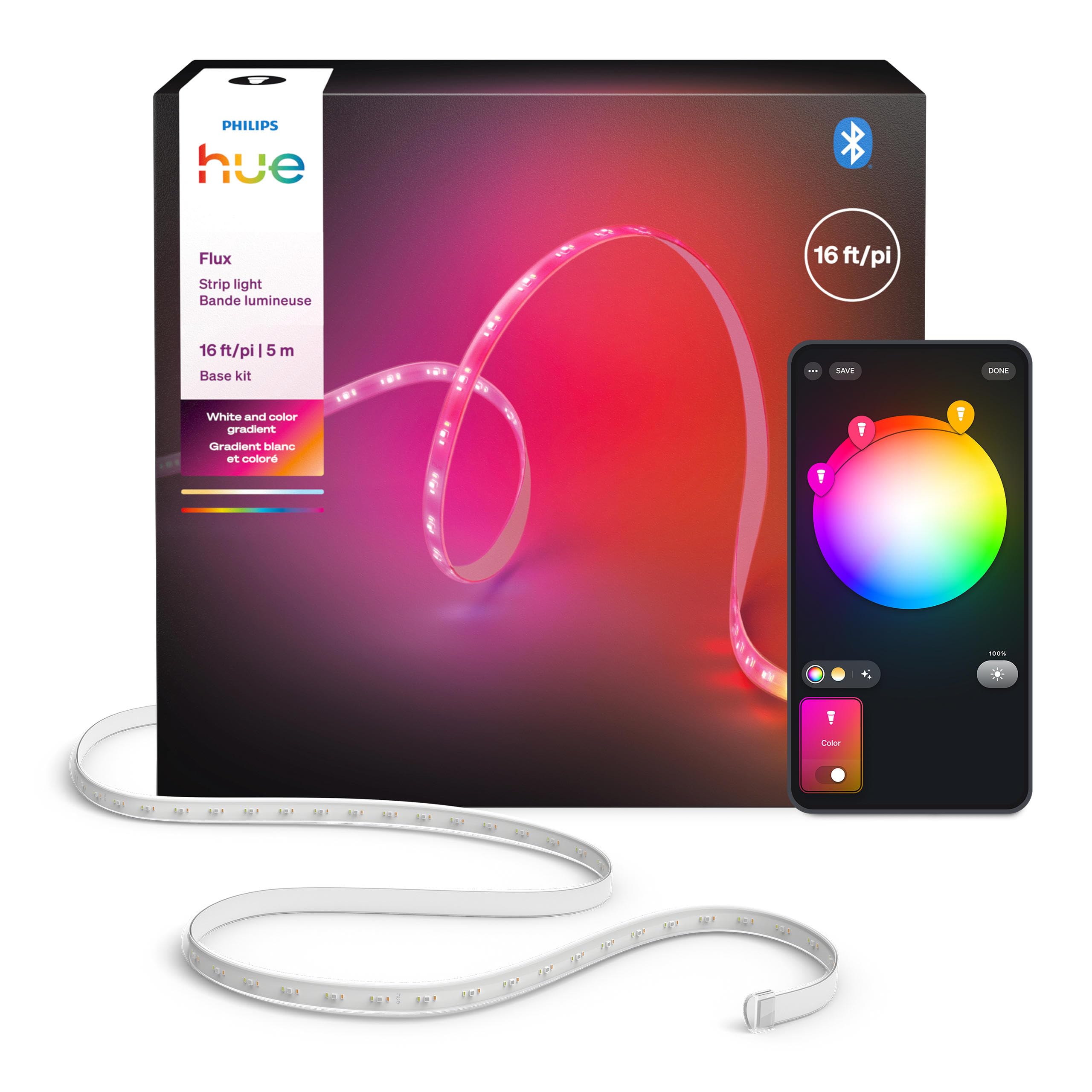 Photo 1 of Hue Flux 16-Foot LED Strip Light, 3000 lm, Vibrant Color and Ambiance, Flexible Indoor Lighting, Chromasync™ Color Blending, RGBWWIC, Cuttable, Extendable, Reusable, App and Voice Control