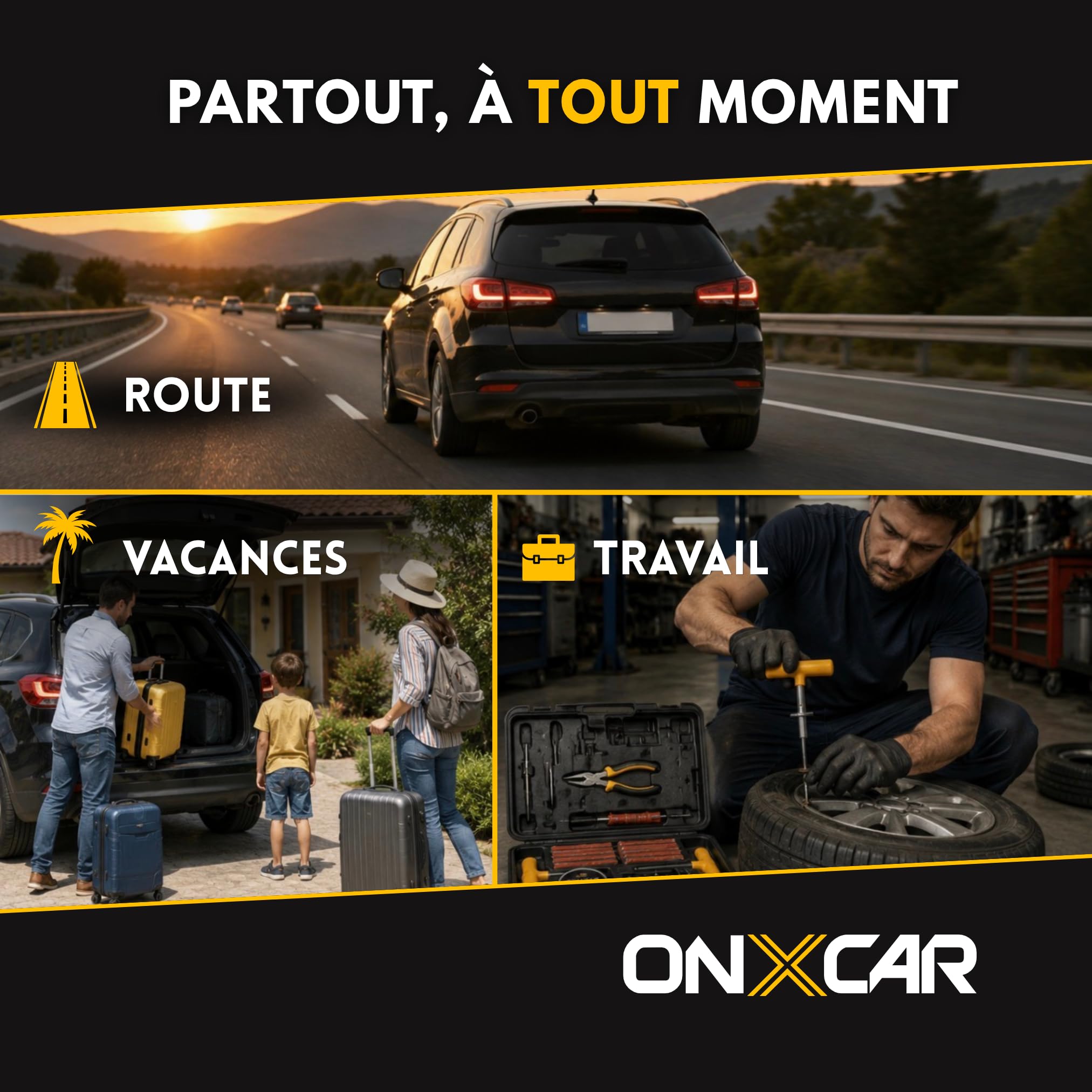 Kit Réparation Pneu Voiture avec Mèches Tubeless – Kit Anti Crevaison Voiture, Outil Tire Repair pour Réparer un Clou, Compatible Auto, SUV, Moto, Camping-Car