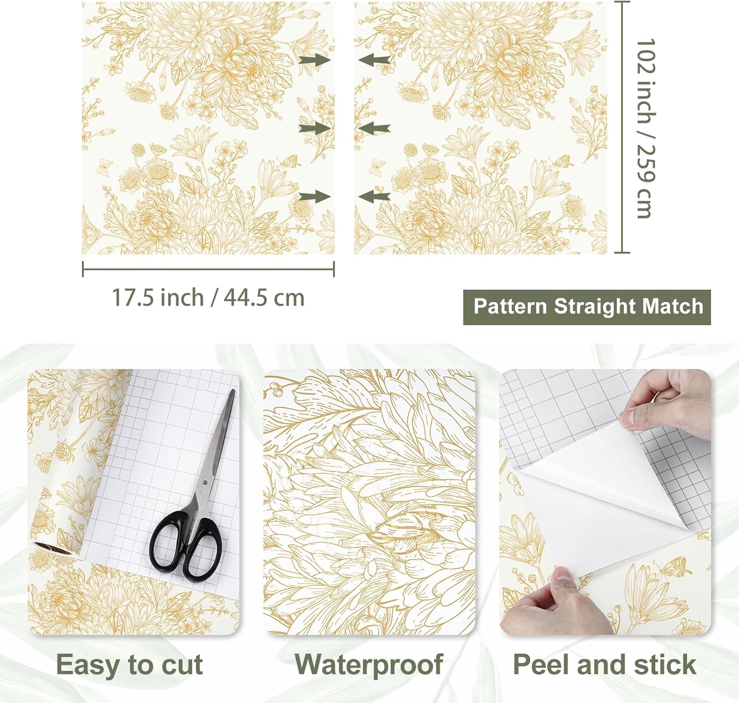 Chrysanthemum Gold Floral Peel and Stick Wallpaper Boho Beige Wall Paper Vintage Gold Floral Bouquet Wallpaper for Living Room Bedroom Textured Contact Paper for Cabinets Vinyl 17.5"x102"