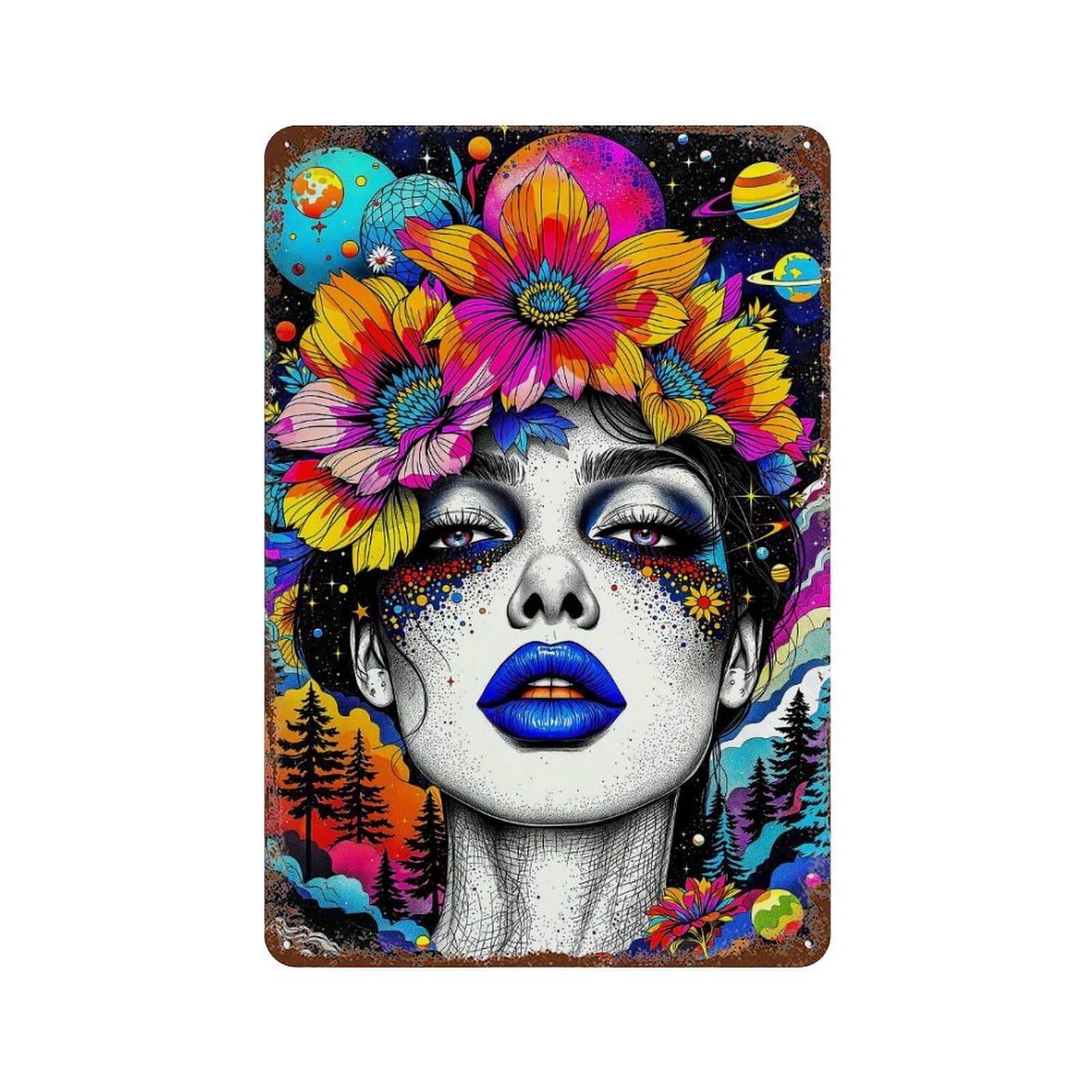 Woman with Floral Crown And Planets 11.8"x7.9" Decorative Tin Sign, Retro Wall Decor for Garage, Bar And Workshop Decor