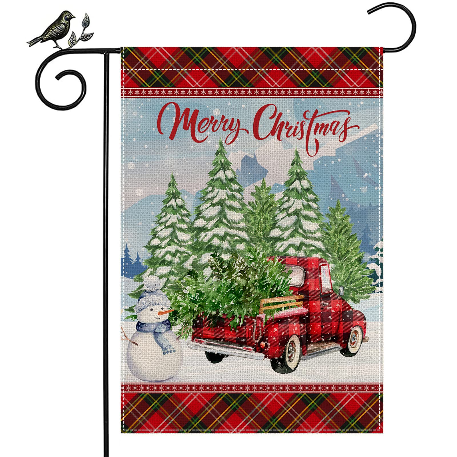 Dsben Merry Christmas Garden Flag Red Truck with Tree 12x18 Inch Double Sided Buffalo Plaid Rustic Farmhouse Winter Decor for Seasonal Holiday Yard Outdoor