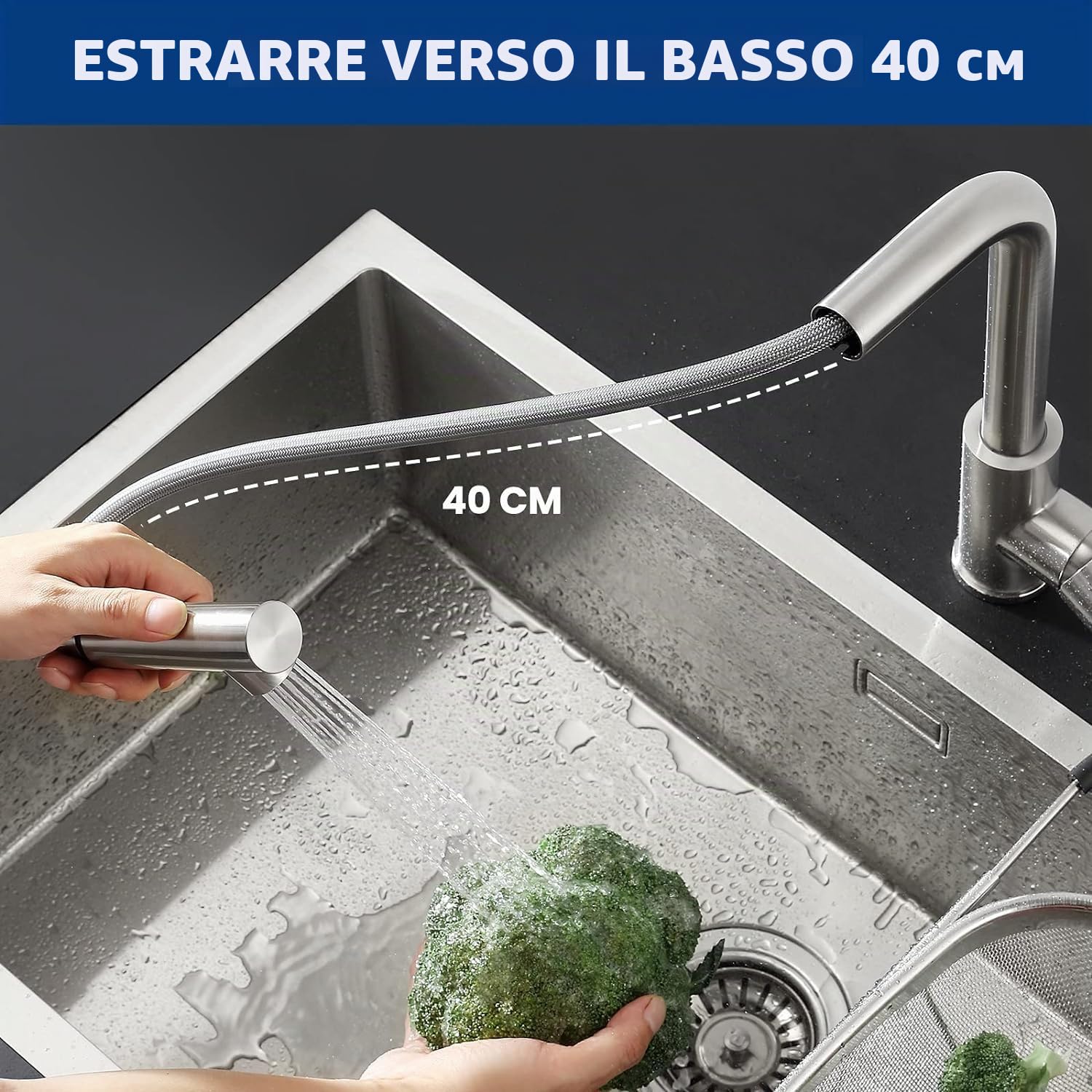 CECIPA Rubinetto da cucina con 2 modalità di spruzzatura, miscelatore da cucina con doccetta estraibile girevole a 360° freddo e caldo disponibile, rubinetto lavello in acciaio inossidabile spazzolato