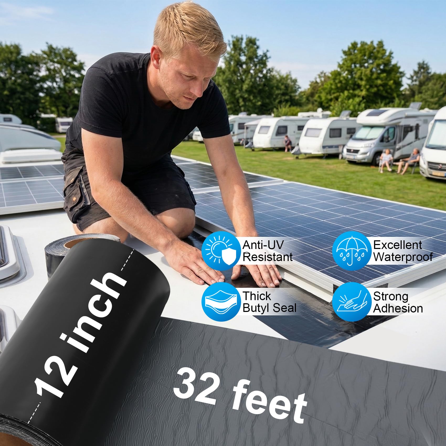 EPDM verstärktes Butyl-Dichtband, 30,5 cm x 9,5 m, schwarz, selbstklebend, wasserdicht, wetterfest, für Dächer, Fenster, Wohnmobil, Boote, Terrassen und Sanitärräume