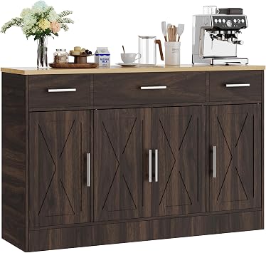 Shintenchi Buffet Cabinet with Storage,53.4" Large Kitchen Storage Cabinet with 3 Drawers and 4 Doors,Wood Farmhouse Buffet Sideboard with Adjustable Shelf for Kitchen Living Room, Brown
