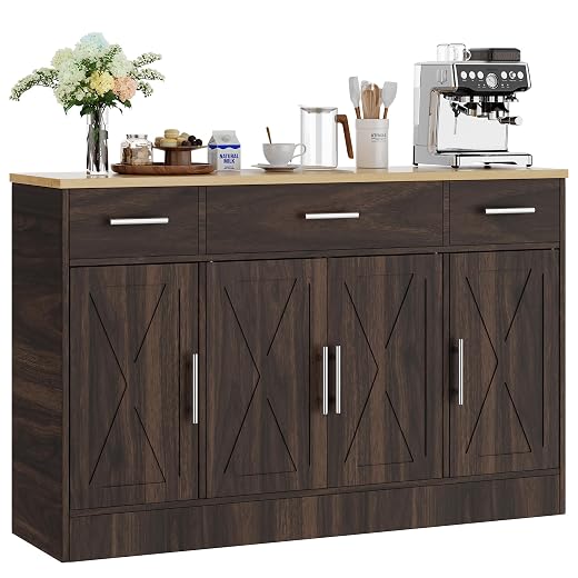 Shintenchi Buffet Cabinet with Storage,53.4" Large Kitchen Storage Cabinet with 3 Drawers and 4 Doors,Wood Farmhouse Buffet Sideboard with Adjustable Shelf for Kitchen Living Room, Brown