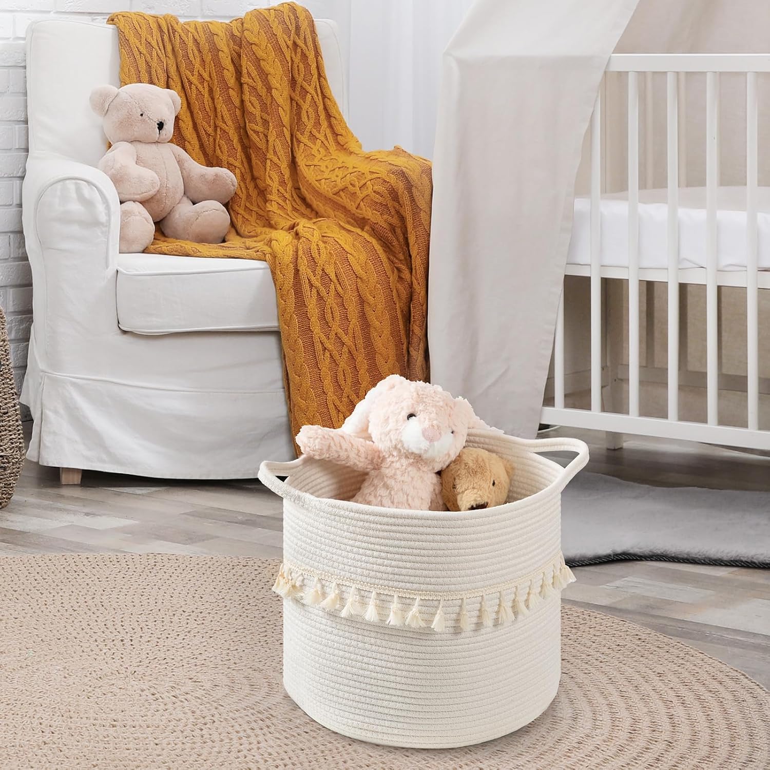 danpinera 3 Pack White Storage Baskets, 11"x11" Soft Woven Baskets for Storage and Decor in Bedroom, Nursery, Closet, Small Round Rope Baskets for Shelves, Decorative Storage Basket