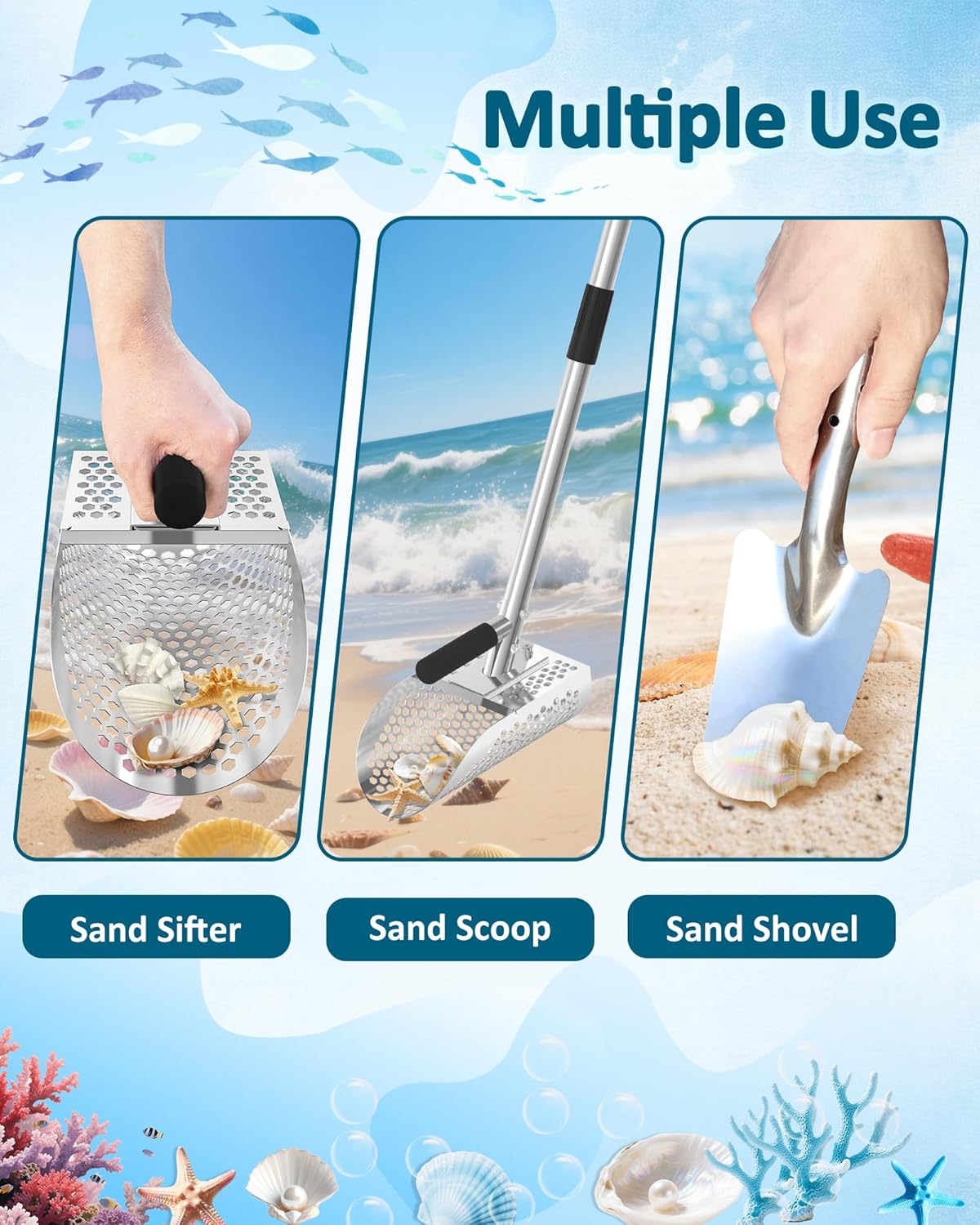 Sand Scoop for Metal Detecting, Metal Detector Sand Shovel Accessories for Beach, Stainless Steel Sand Sifter Digging Tool, Long Handle Fast Sand Sifting Flea Rake for Underwater Treasure Hunting