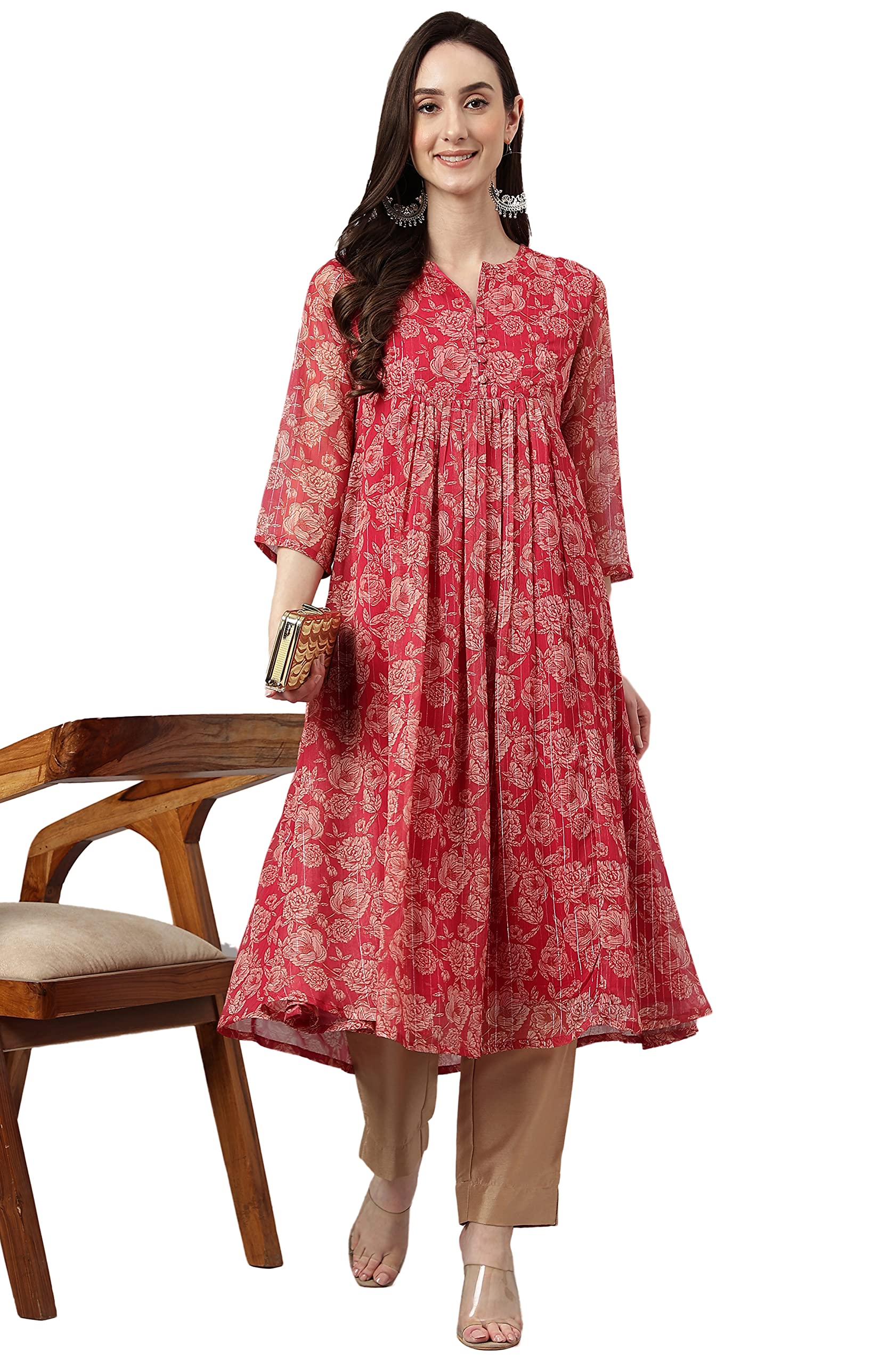 Janasya Women's Chiffon Lurex Floral Printed A-line Kurta