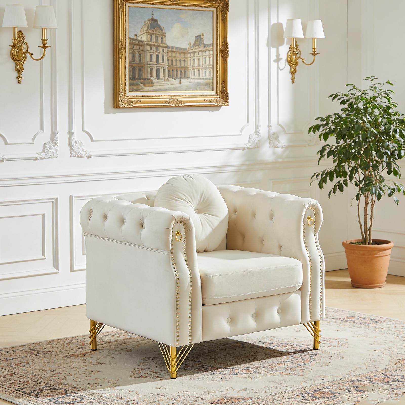 SLEERWAY Comfy Single Sofa Chair with Rolled Arms Pillows Mid Century Modern Velvet Chair with Gold Trim and