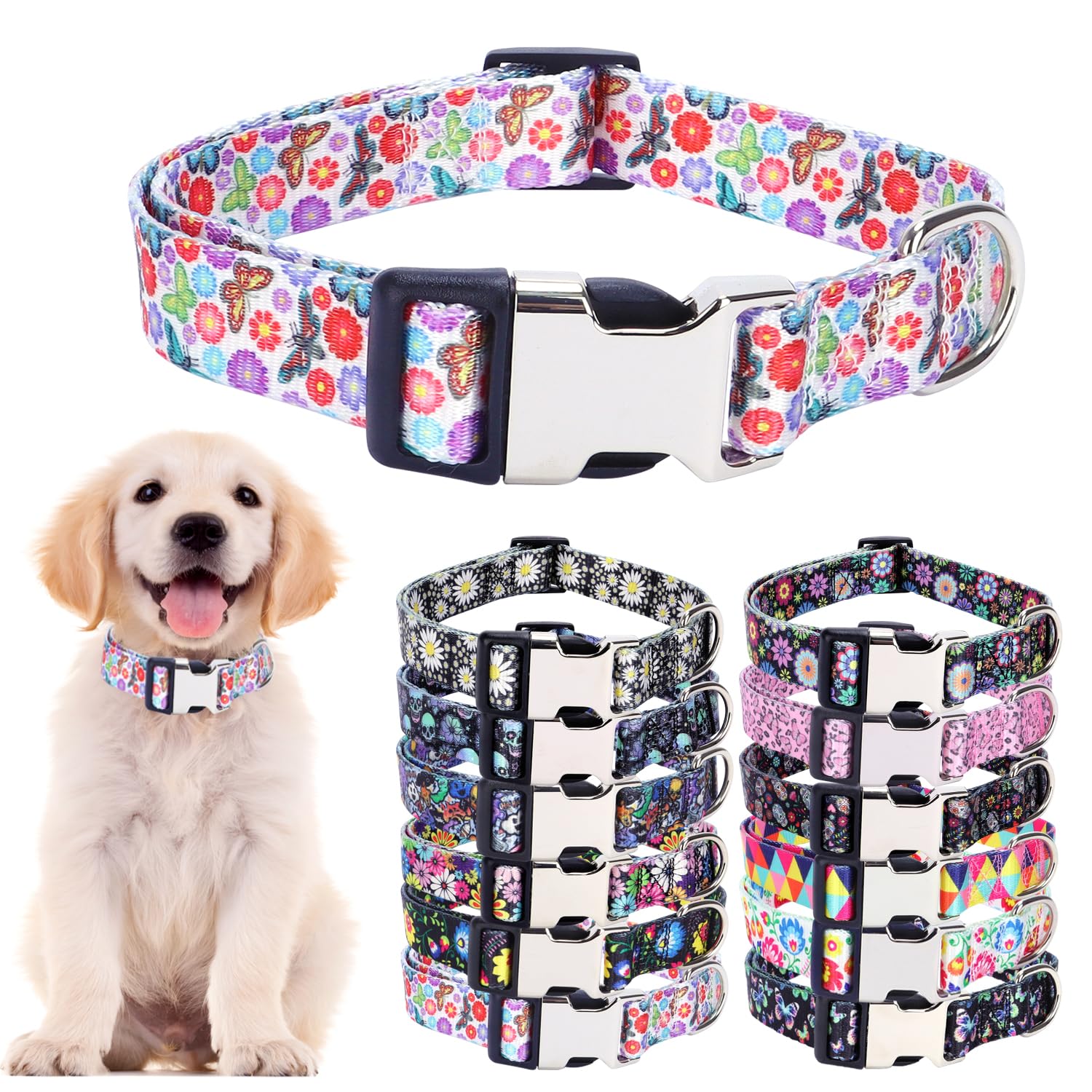 Collar de perro de nylon suave con estampado 3D multicolor y hebilla ajustable segura