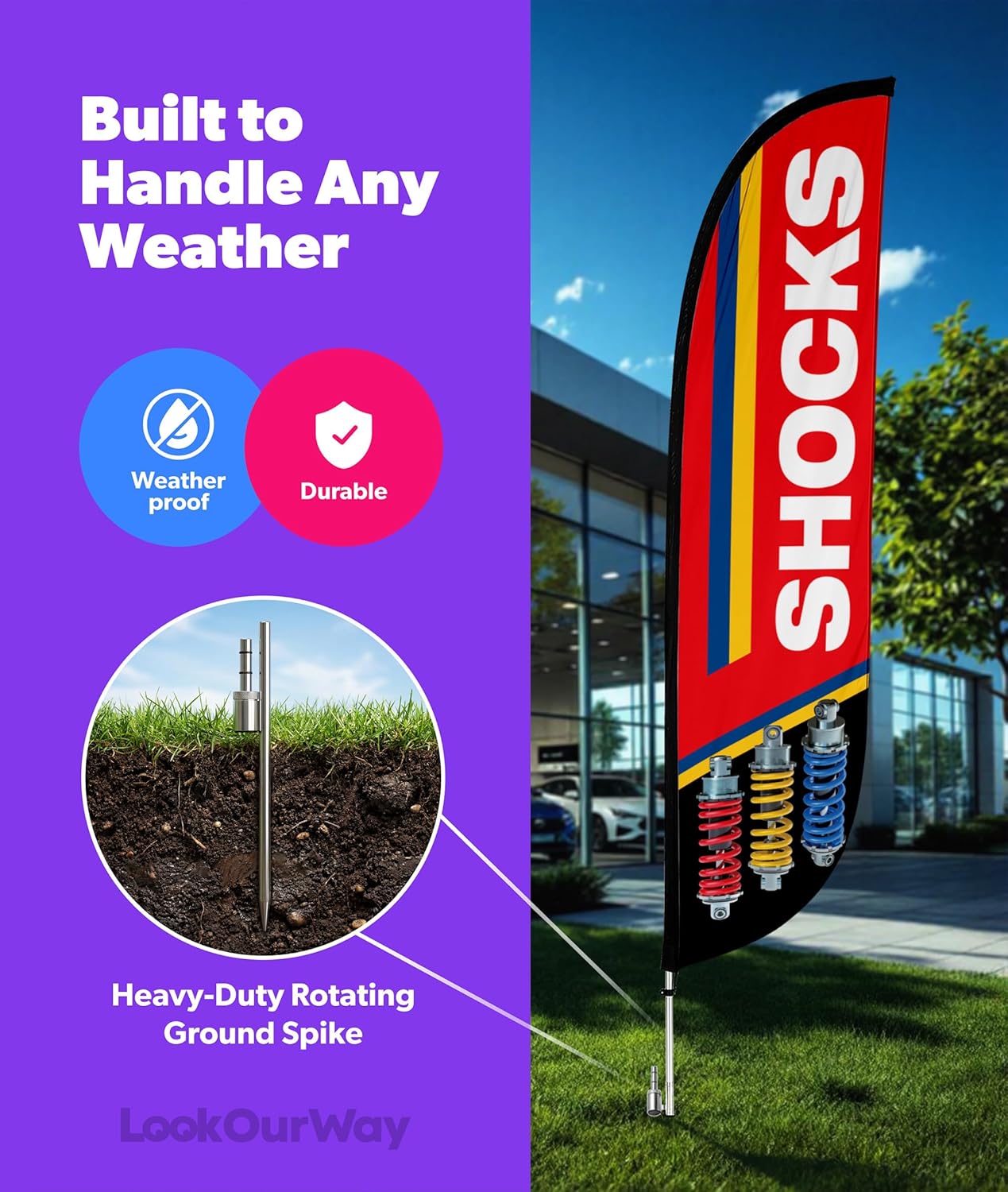 LookOurWay Feather Flag Pole Kit - 12 Feet Tall Advertising Flag Banner with Fiberglass Pole Kit and Ground Spike for Business Promotion - Auto Repair Flag - Shocks - Red & White