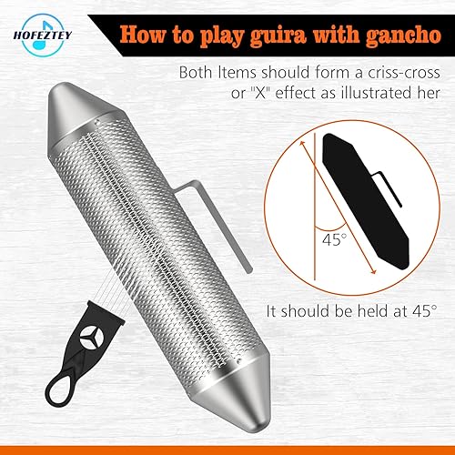 Vista 5 de Hofeztey Guiro Instrumento Guira Dominicana de Acero Inoxidable, Instrumento de Percusión Latina Guiro Puerto Rico, Shaker Wiro Musical con 2