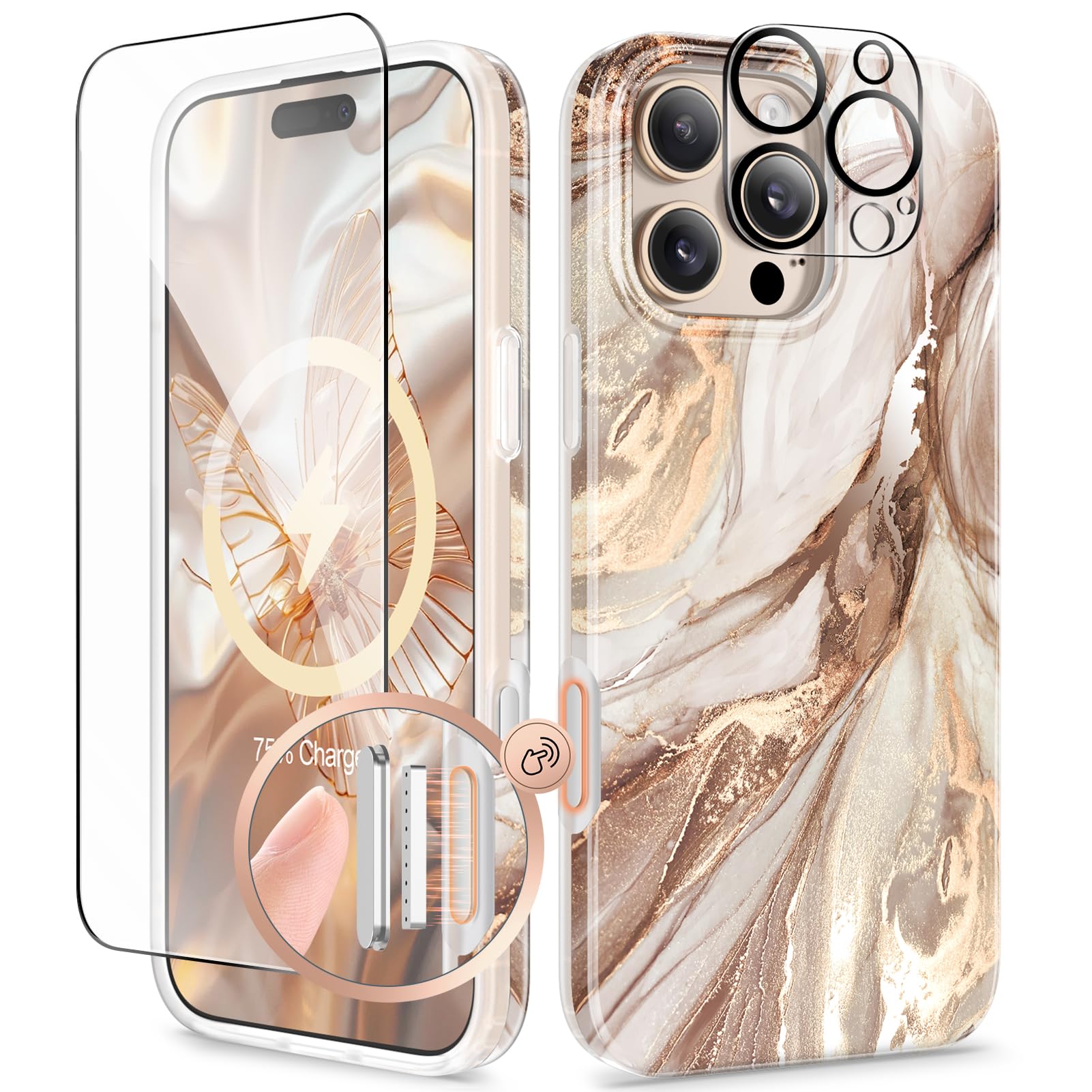 GVIEWIN for iPhone 16 Pro Case Compatible with MagSafe, with Screen & Lens Protectors, Military-Grade Protection Slim Marble Shockproof Magnetic Phone Case for 16 Pro 6.3", Topaz/Gold