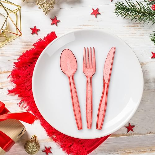 Miniatura 7 de Lasnten Juego de cubiertos de plástico con purpurina de 180 piezas desechables de plástico transparente para fiestas, 60 cuchillos, 60 cucharas, 60